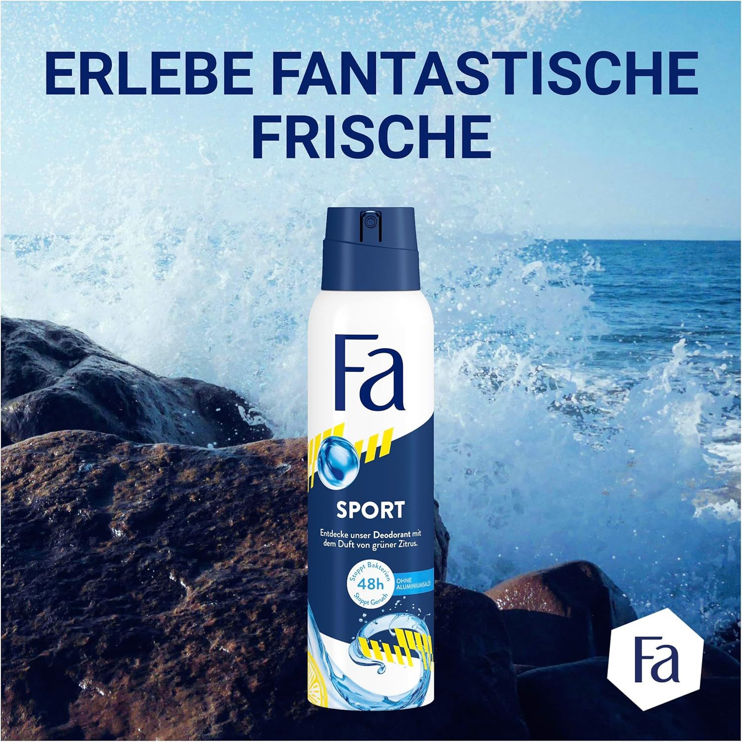 FA Deo-Spray Sport ohne Aluminiumsalze, bis zu 48h Deo-Schutz, 6x 150 ml, Vorratspack, 6-tlg., Dermatologisch getestete, hautfreundliche Formel, ohne Deo-Rückstände
