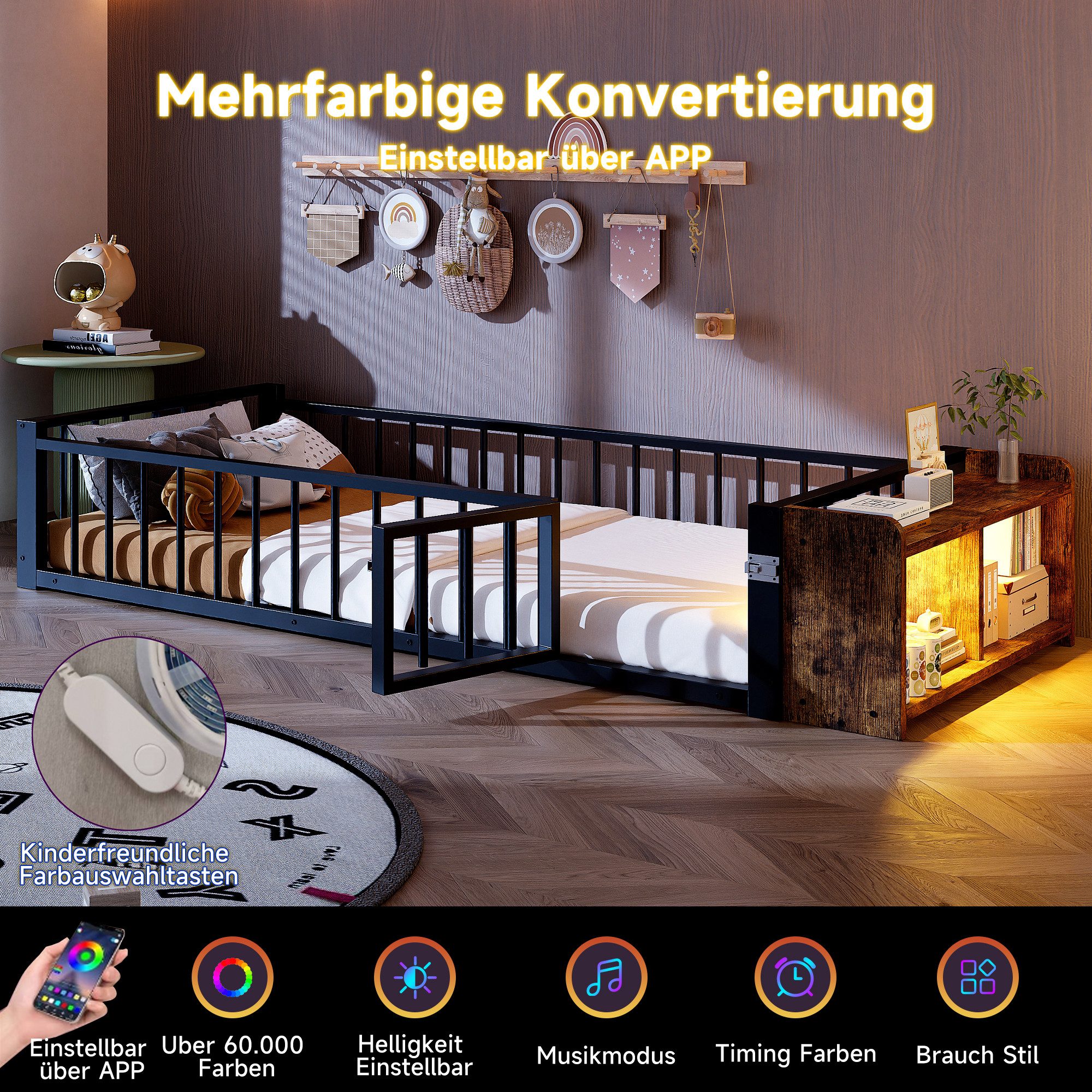 REDOM Kinderbett mit Schutzgeländer und offenem Staufach, Metallbett (stabiler Eisenrahmen, Jugendbett Funktionsbett, 90x200 cm), ohne Matratze