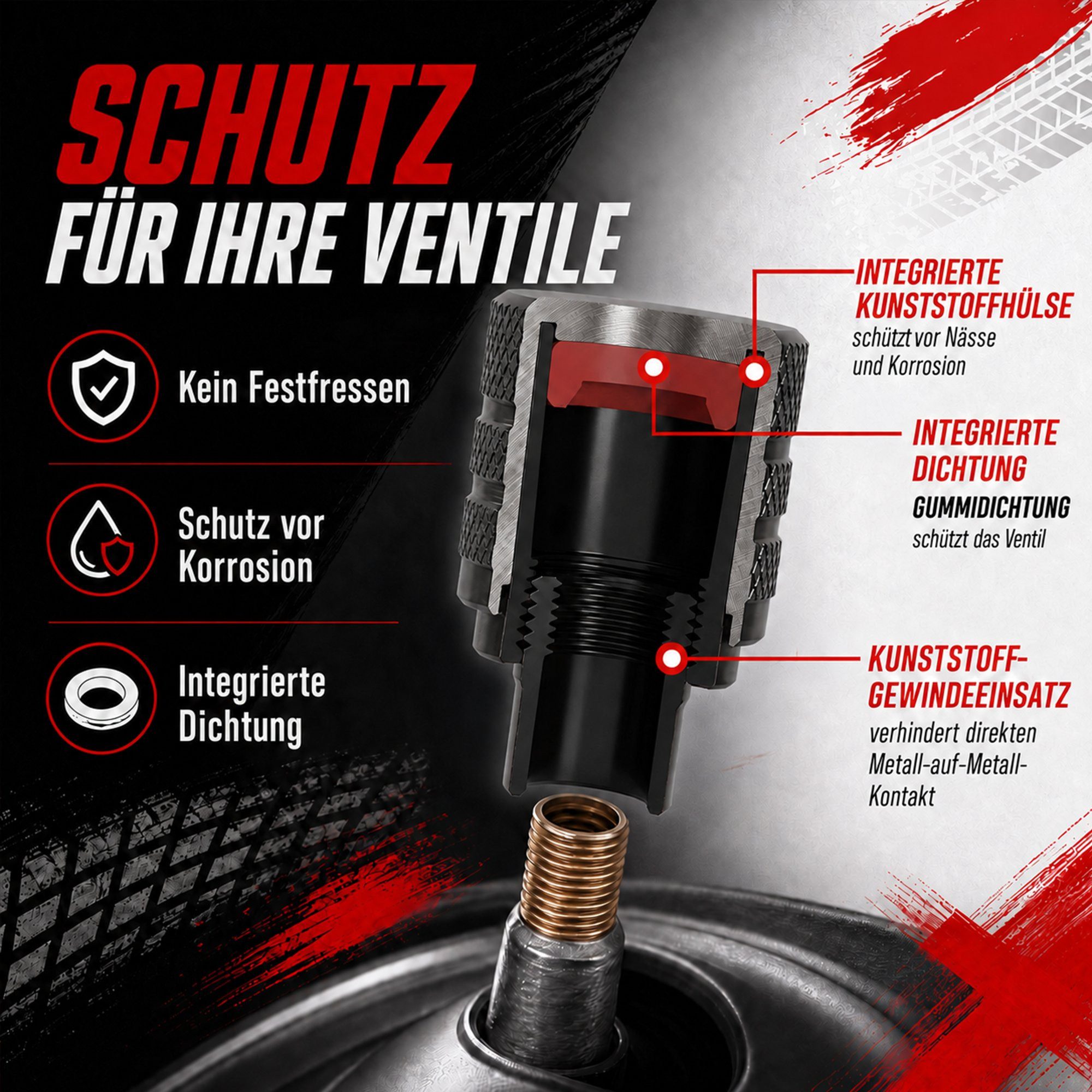 Pitlane Performance Ventilkappe Alu-Ventilkappen für Schrader-Ventile, (Ventilkappen-Set, 4-St., 4 Stück aus Aluminium), Korrosionsschutz und innenliegende Dich – Bild 3 von 5
