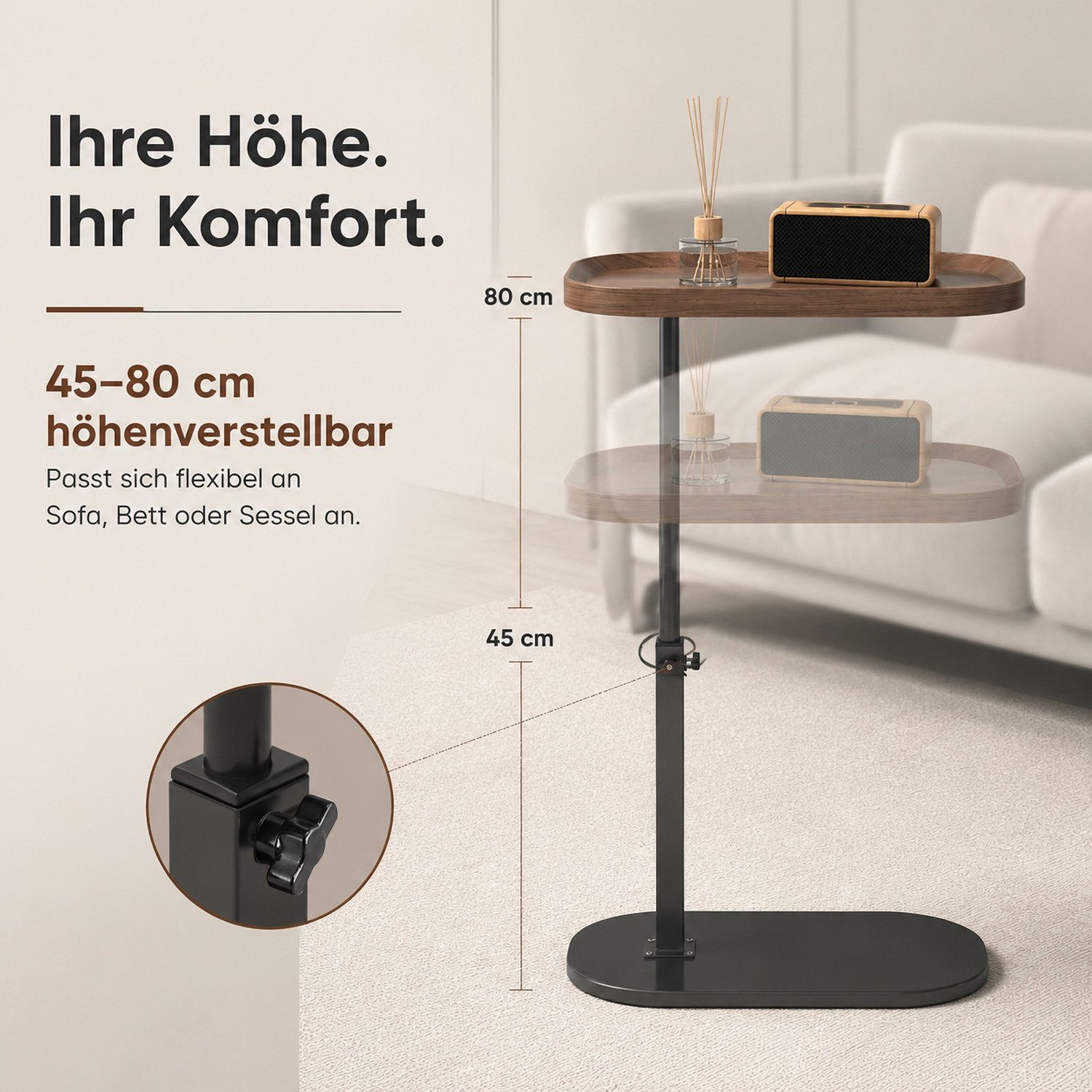 AIMAX Beistelltisch Sofatisch C Form Höhenverstellbar 360° Drehbarer Beistelltisch 45*30CM (Modern Mobiler Kaffeetisch Holz Couchtisch Side Table Nachttisch, 1- – Bild 3 von 5