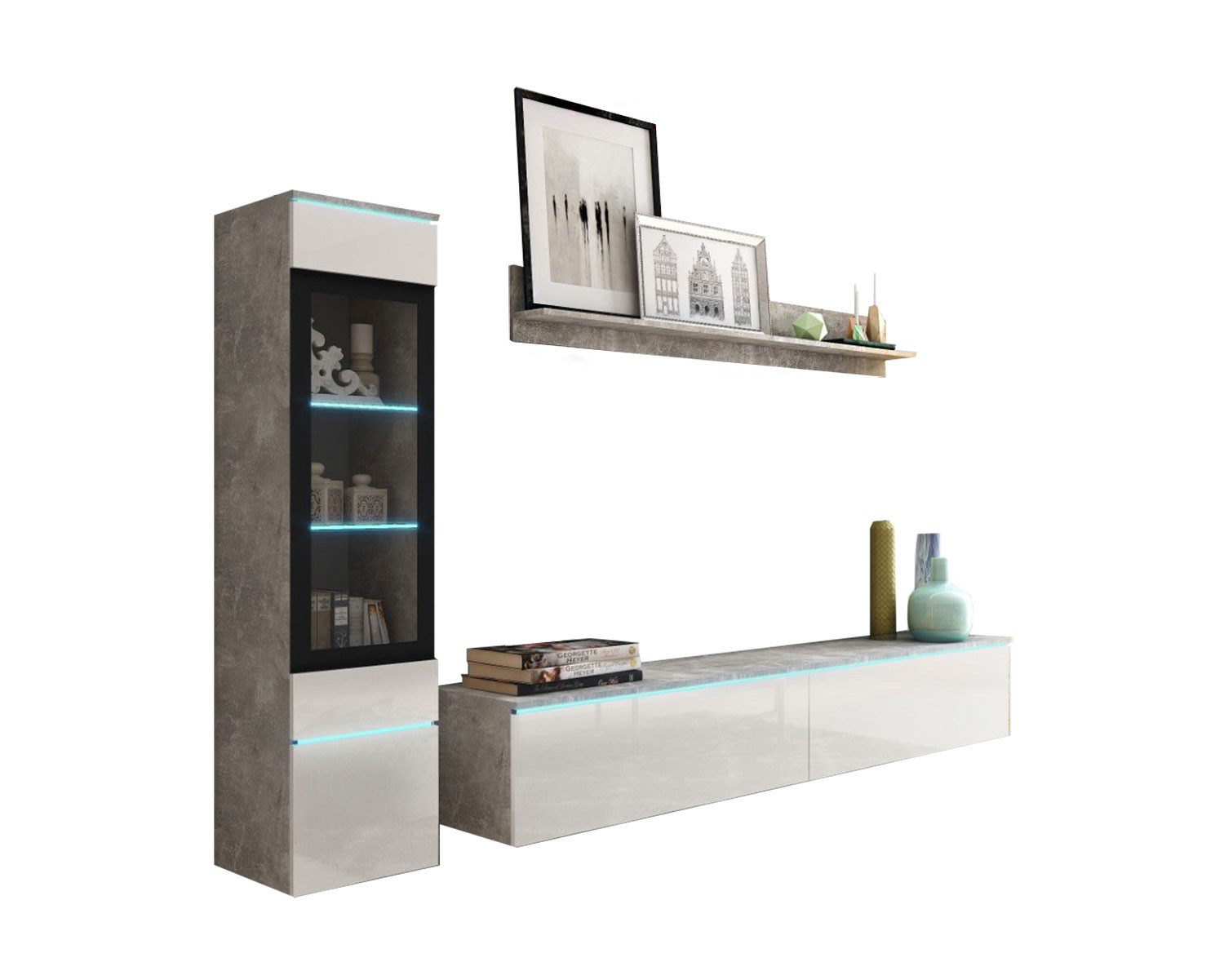 Feldmann-Wohnen Wohnwand Vera, (Vera, 3-St., Wohnwand), 210x33x130cm Beton / weiß Hochglanz 3-teilig