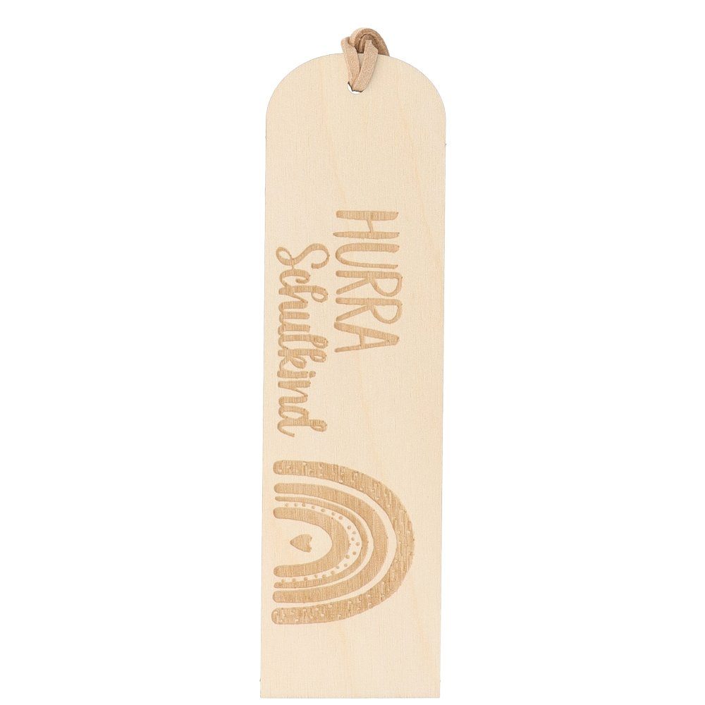 Lederband, und Lesezeichen "Hurra Schulkind" mit aus Spruchreif® Hölzernes Holz Lesezeichen Lesezeichen Gravur