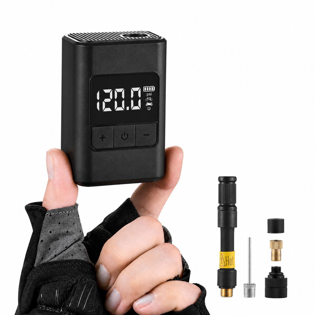 Tekoo Akku-Luftpumpe Elektrische Fahrradpumpe 120 PSI, Akku Mini Kompressor USB-C (Set, Mit Zubehör), Ultra-kompakt (160g), bürstenloser Motor, digitaler Reifendruckprüfer