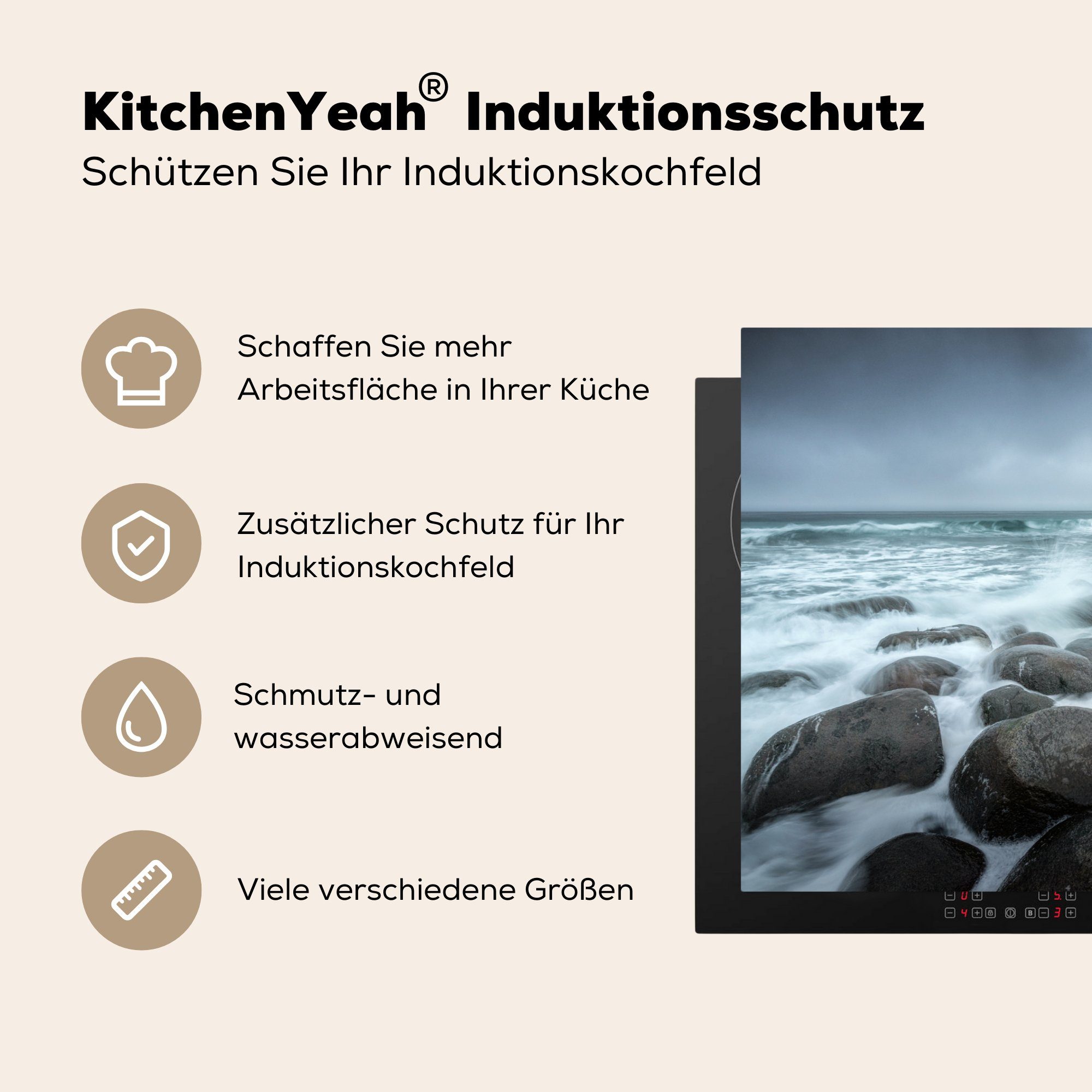 MuchoWow Herdblende-/Abdeckplatte Meer - Stein 81x52 cm, für Induktionskochfeld - Ceranfeldabdeckung die (1 Vinyl, küche, Schutz Himmel, tlg)