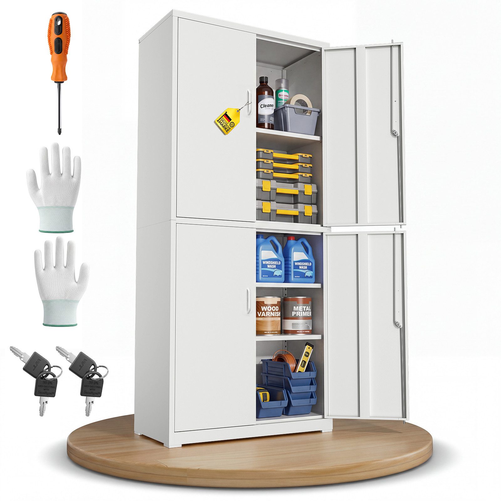 ONDIS24 Aktenschrank Stahlschrank Frank Büroschrank, Werkzeugschrank 180cm inkl. Handschuhe, Schraubendreher & Schlüssel