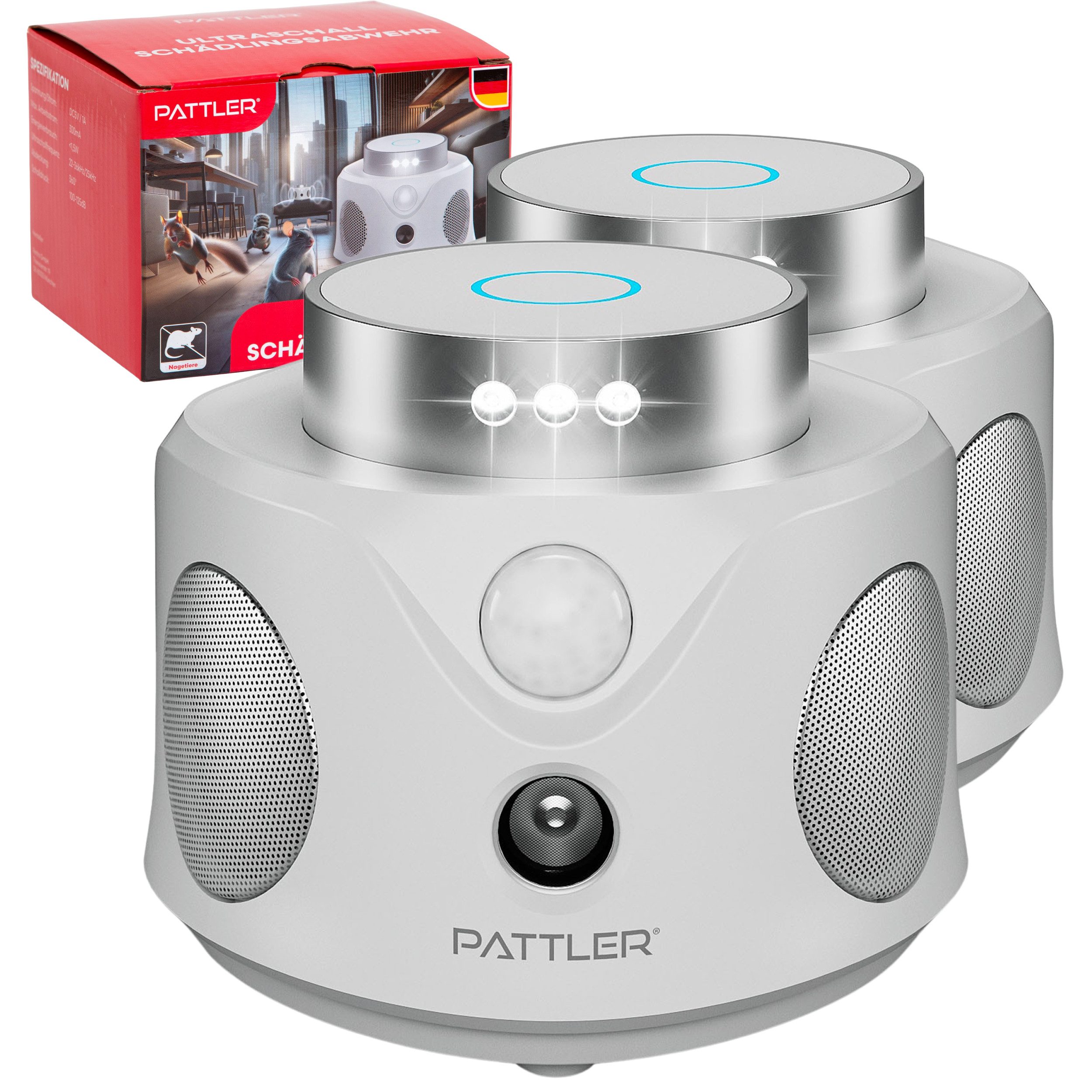 Pattler Ultraschall-Tierabwehr 360° Ultraschall Mäuseabwehr, 2 Geräte