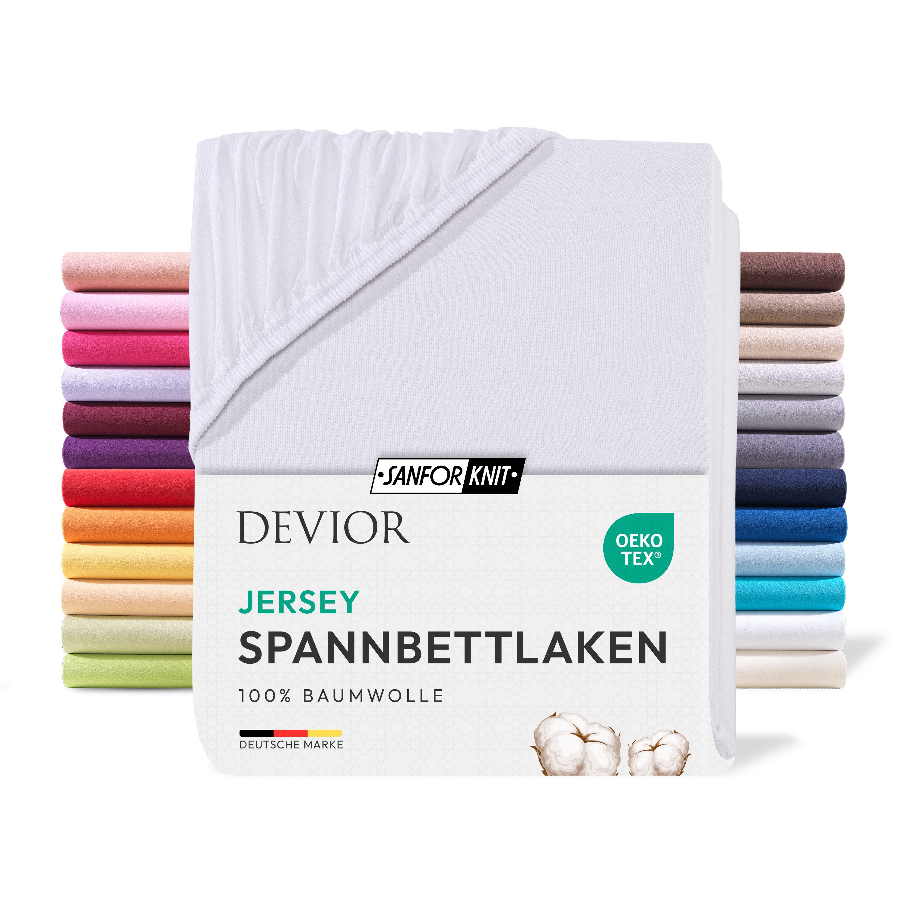 Devior Spannbettlaken 100% Baumwolle für Standardmatratzen, 135 g/m² hochwertig verarbeitet, Jersey, (1 Stück), mit Rundumgummizug atmungsaktiv & pflegeleicht in vielen Größen