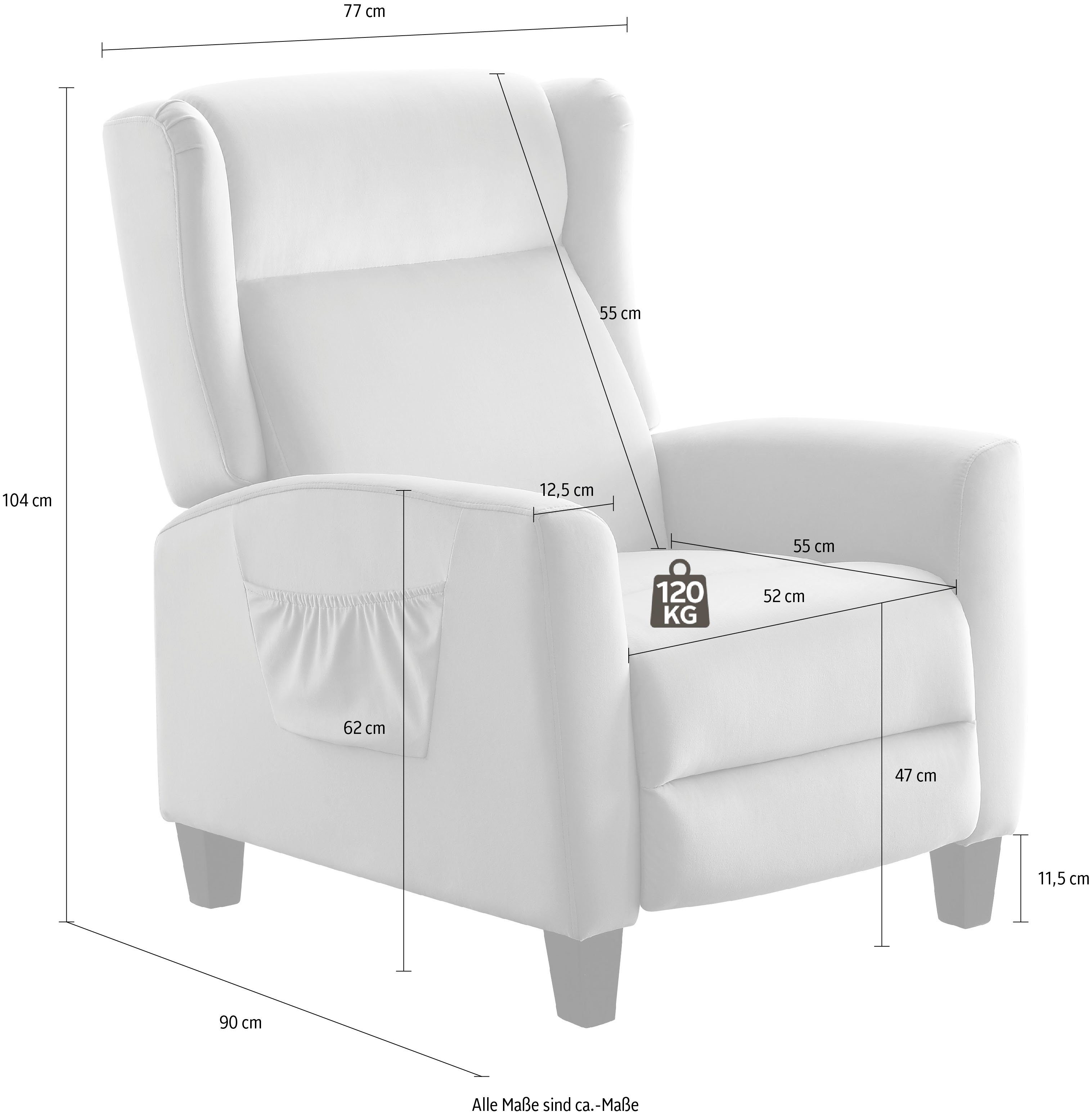 schwarz klassischer Seitentasche praktischer mit TV-Sessel, Ohrensessel ATLANTIC | home Relaxfunktion schwarz collection und
