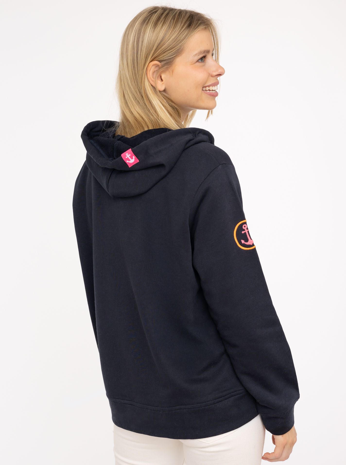 Zwillingsherz Hoodie "Moin Moin Moin" V-Ausschnitt, bunte Stickerei, Kapuze, Kordelzug