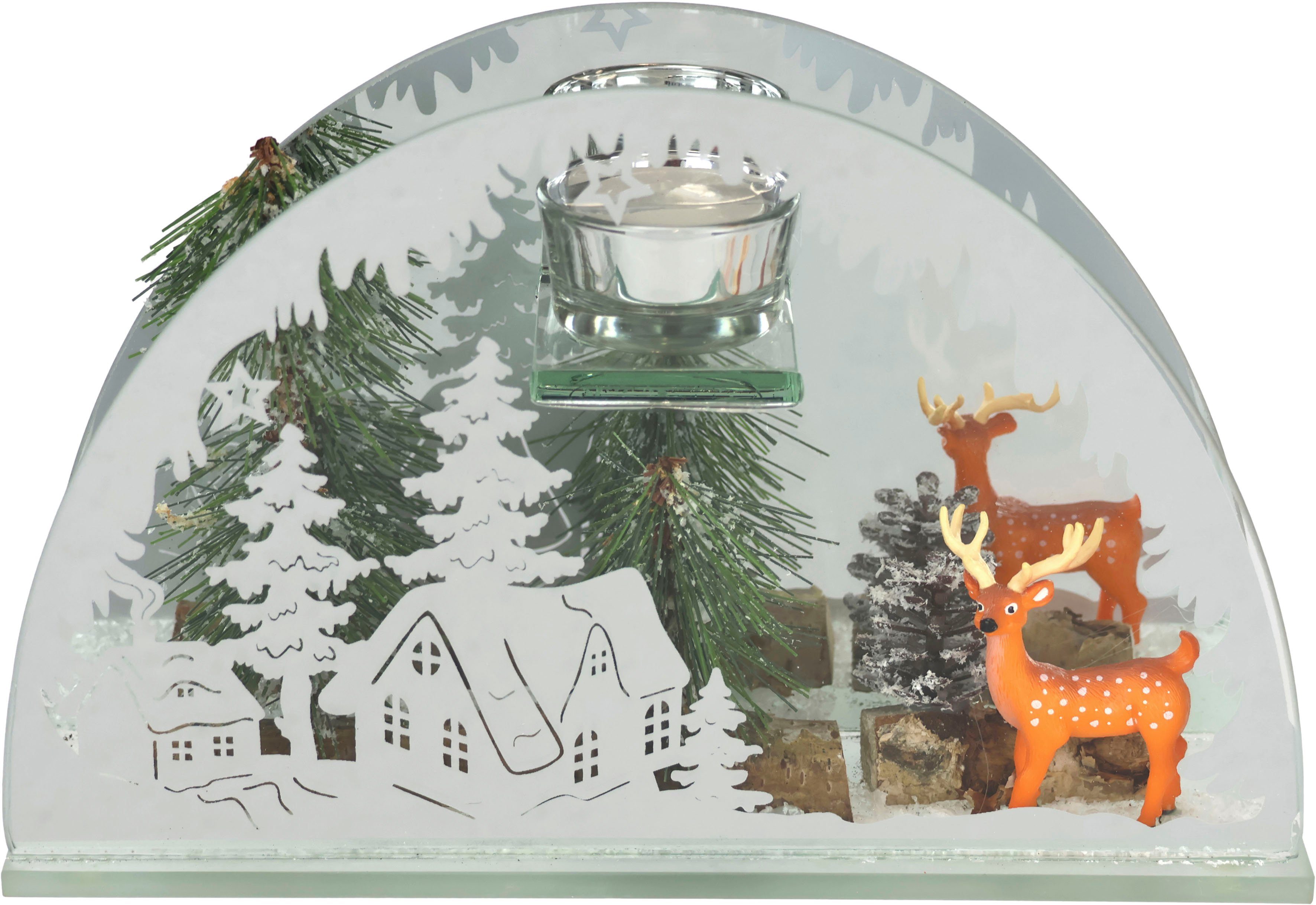 I.GE.A. Teelichthalter Weihnachtsdeko, Kerzenhalter, Deko-Objekt (1 St), aus Spiegelglas, mit Hirsch-Deko in Winterlandschaft, Höhe ca. 15 cm