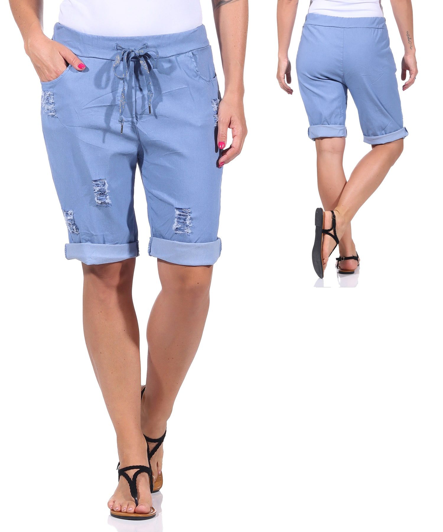 OriginalYou Bermudas Damen Bermuda kurze Sommer Hose im Distressed Look Knitterlook, mit Gummibund & Kordelzug, 38/40 bis 44/46 erhältlich – Bild 5 von 5