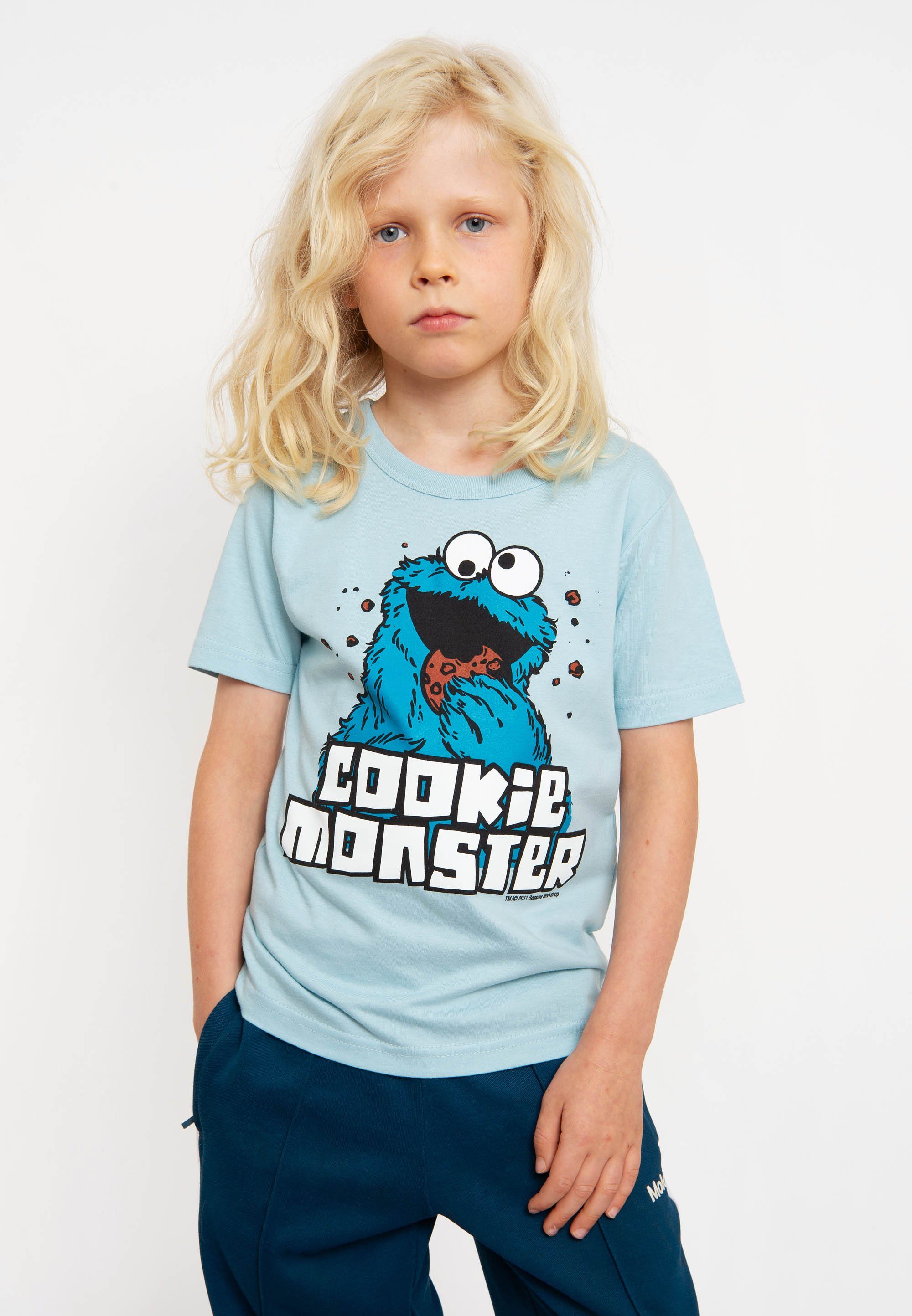 LOGOSHIRT T-Shirt Sesamstraße hellblau Frontprint - coolem Krümelmonster mit