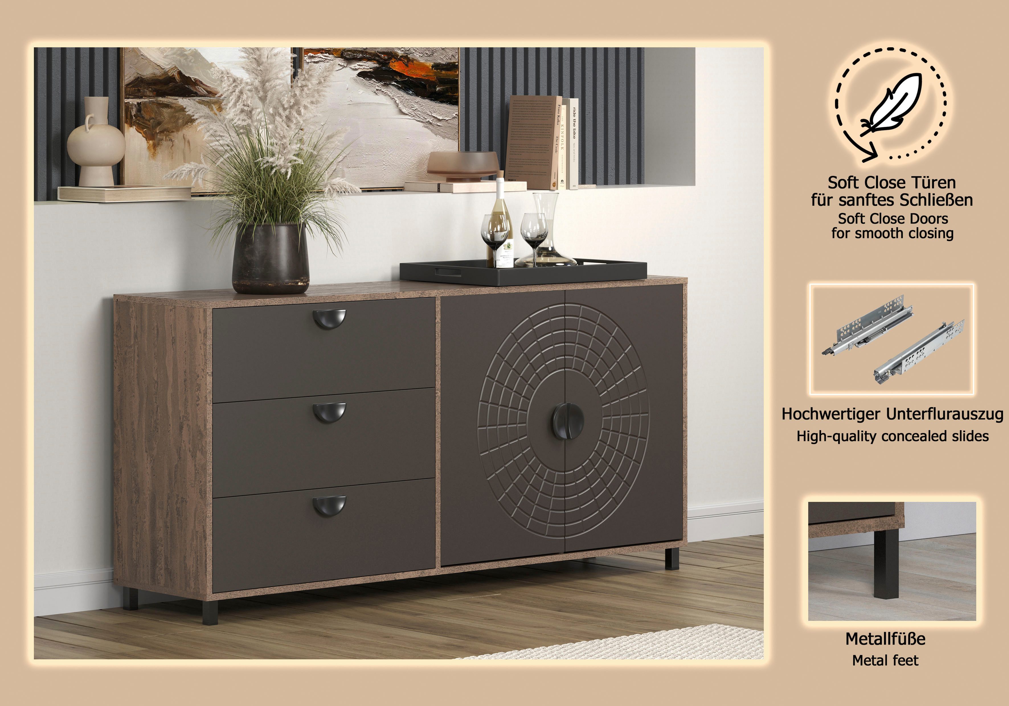 Home affaire Sideboard Fusion (1 St), Kommode mit markantem Kreismuster - Antikoptik - (B/T/H) 176/42/86 cm