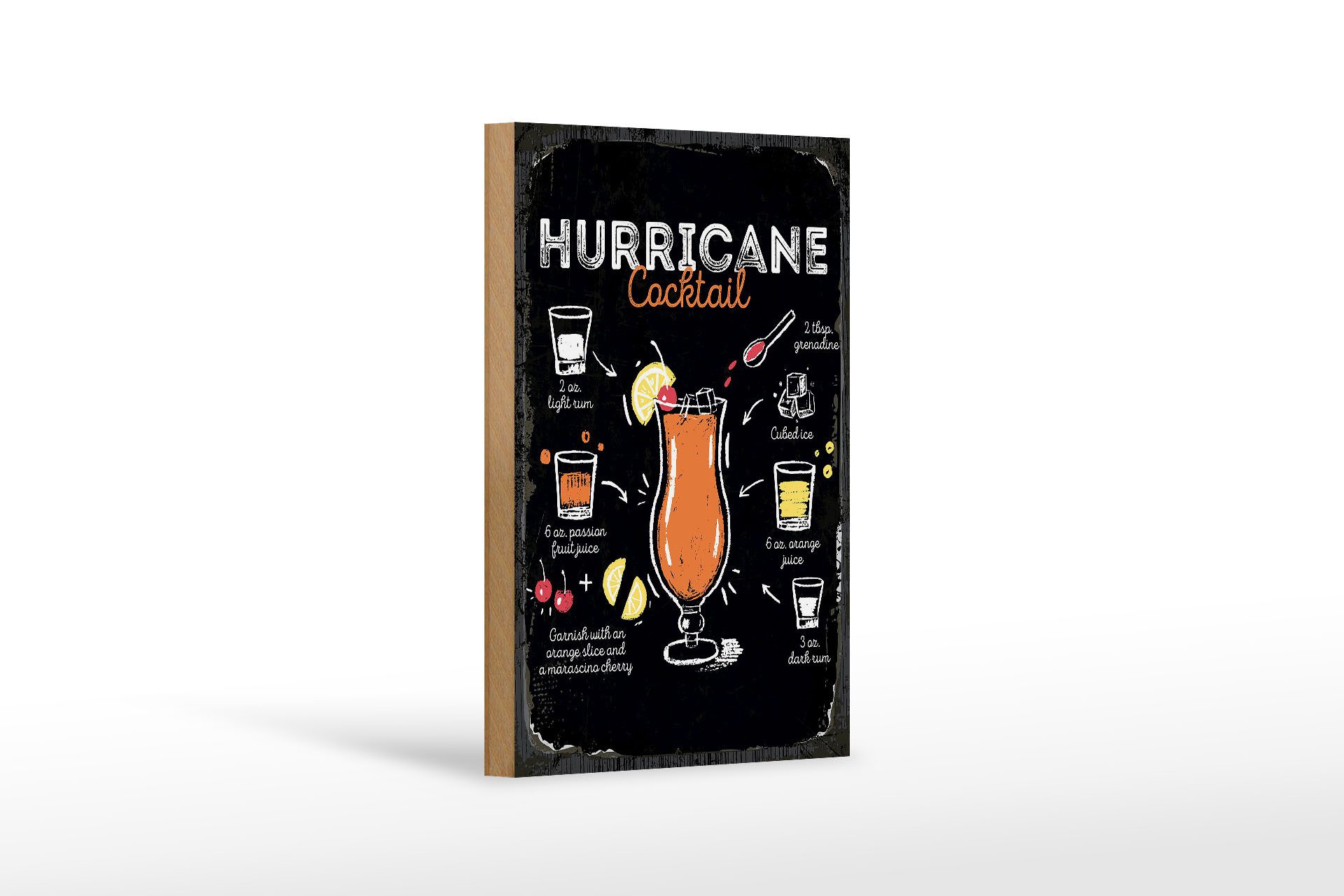 Holzbild Rezept Hurricane Cocktail Recipe 12x18 cm