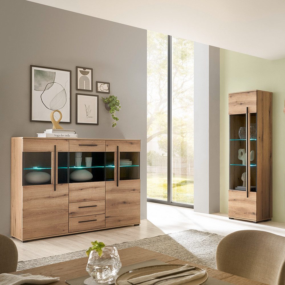 Lomadox Wohnzimmer-Set COLORADO-61, (Mega-Spar-Set, 2-St., Highboard Vitrine), in Eiche mit LED Glasbodenbeleuchtung und Softclose Schubladen