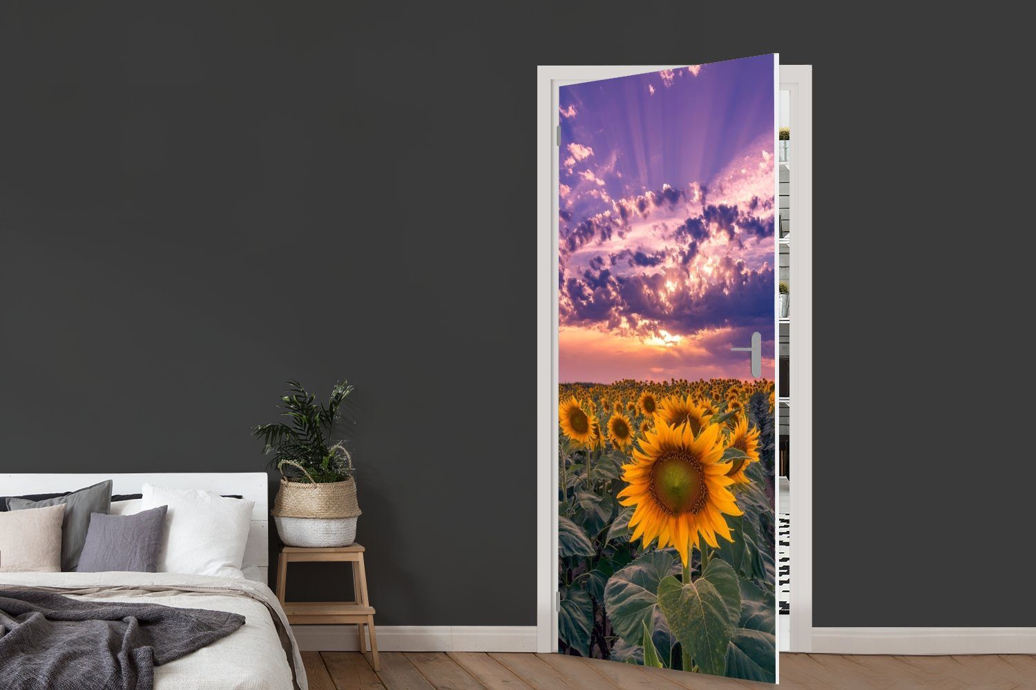 cm - Fototapete - St), Türaufkleber, MuchoWow Tür, Himmel Matt, (1 Türtapete Blumen - für Sonnenuntergang, bedruckt, Lila 75x205