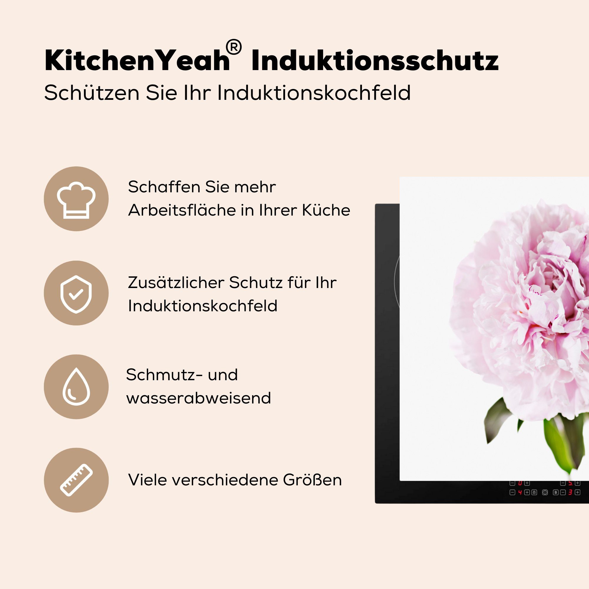 Draufsicht (1 tlg), rosa MuchoWow cm, küche Ceranfeldabdeckung, für auf Herdblende-/Abdeckplatte Vinyl, Arbeitsplatte eine Pfingstrose, 78x78
