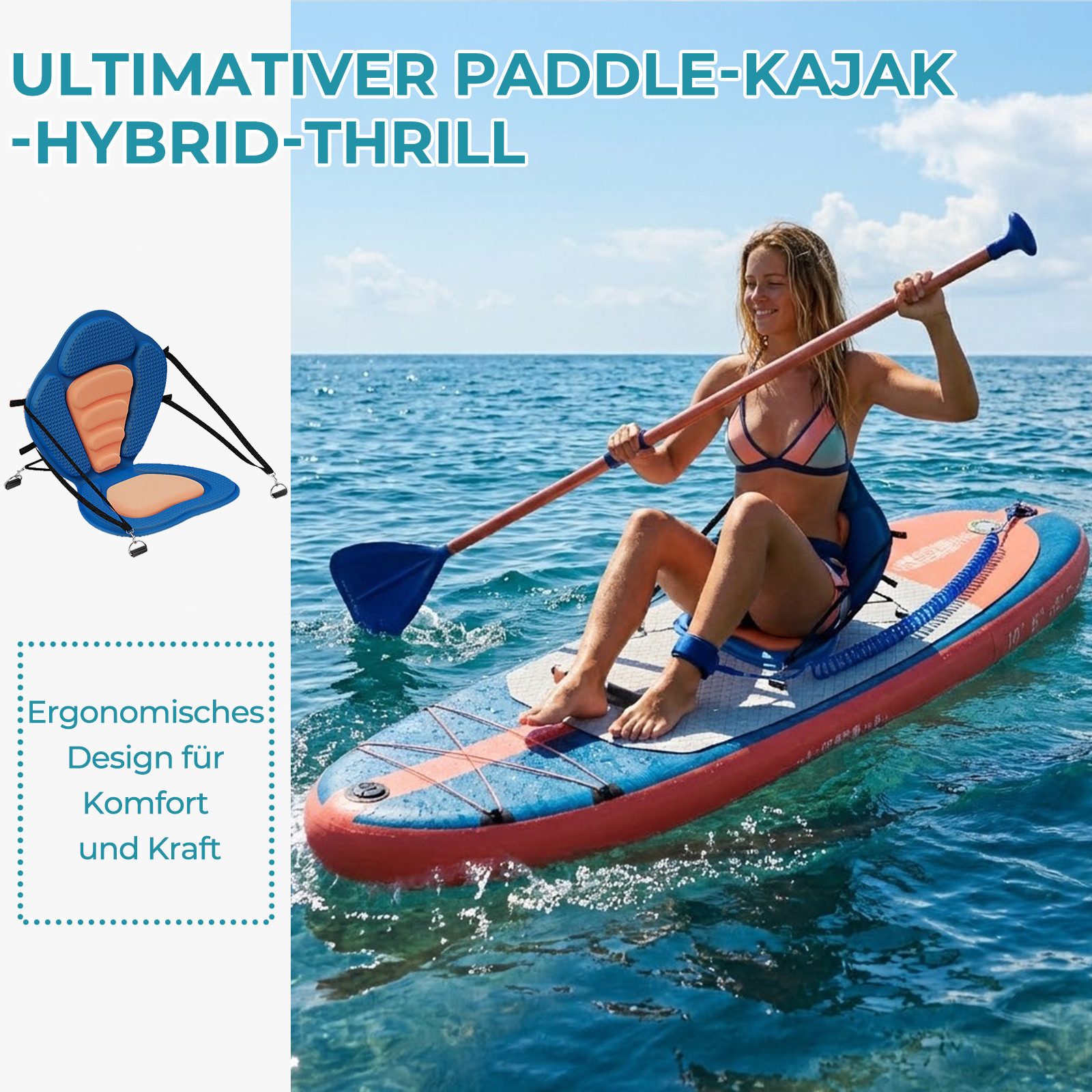 GUNJI Inflatable SUP-Board Aufblasbares 320*80*15CM stehendes Zellstoffbrett Tragfähigkeit 130KG, (Mit Kajaksitz, Rucksack, Pumpe, Doppelpaddeln, Sportkamerahal – Bild 4 von 5