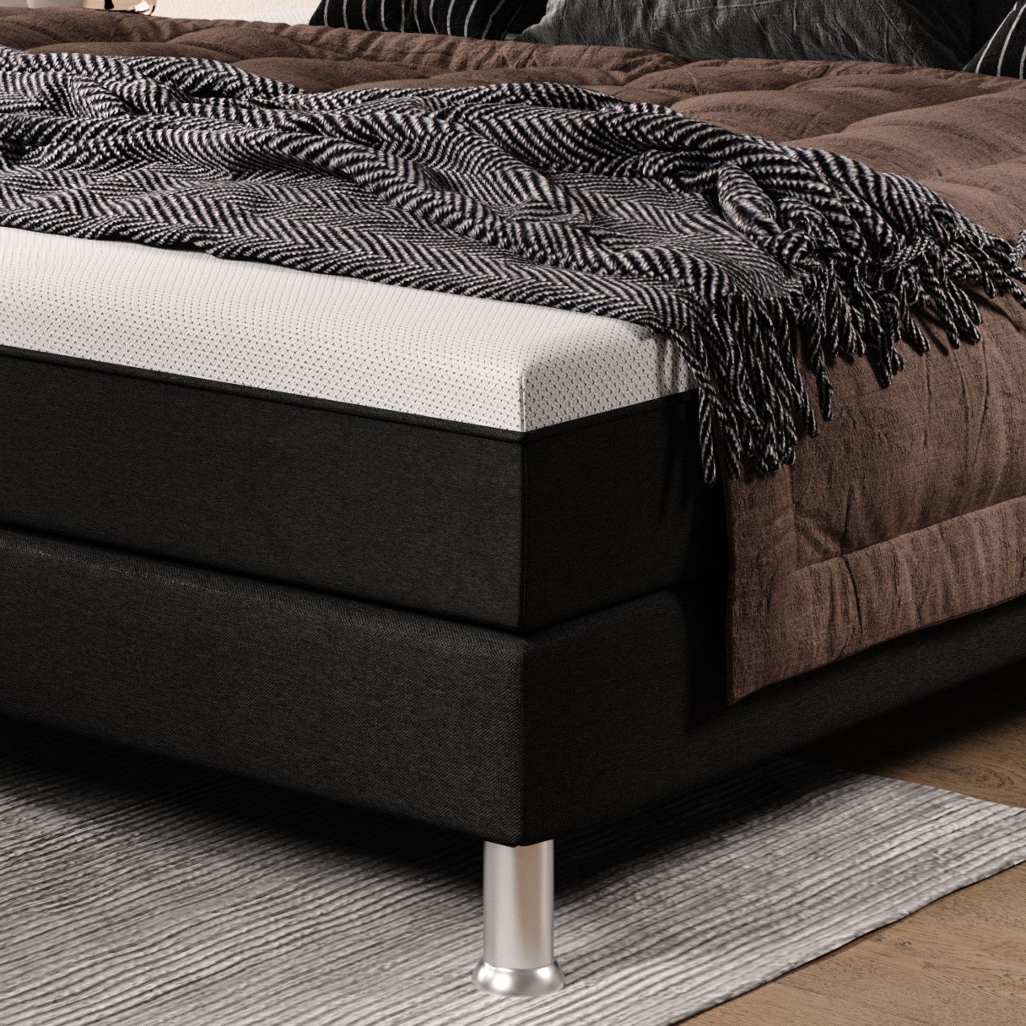 inter Boxspringbett Sunny Webstoff mit 7 Zonen Taschenfederkernmatratzen und Topper-Optik (180x200 cm, Schwarz mit 7 Zonen Taschenfederkernmatratzen und Topper-Optik), Taschenfederkern-Komfort, gepolstertes Kopfteil, inklusive Matratzen
