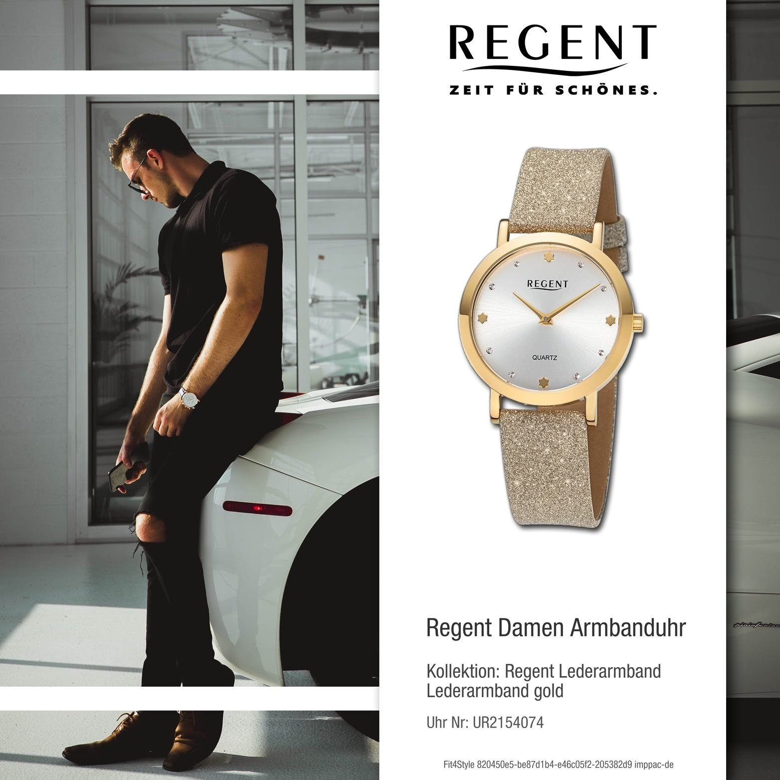 (ca. Damenuhr Analog, Regent Regent 32,5mm) extra Quarzuhr rundes gold, Gehäuse, Armbanduhr groß Lederarmband Damen
