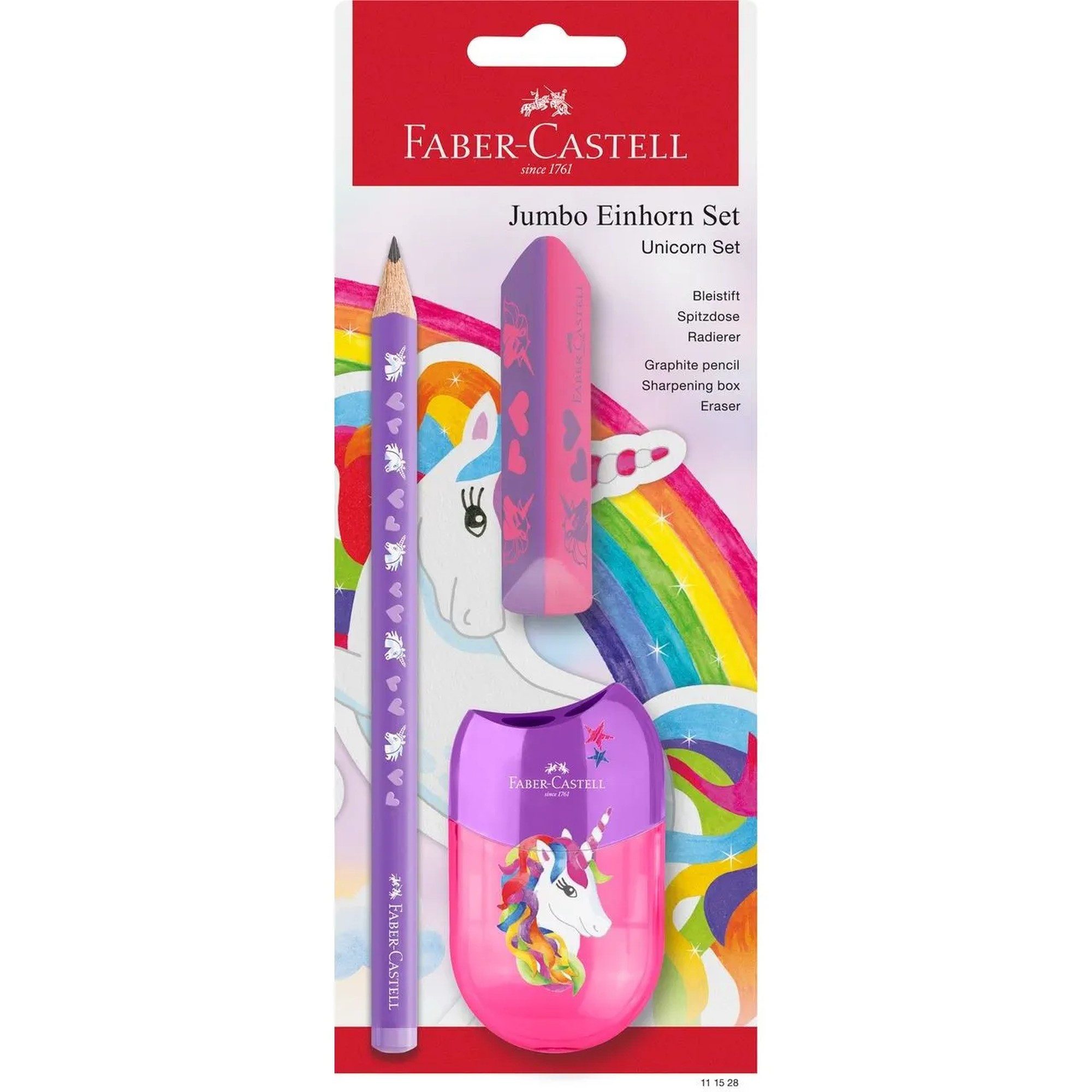 Faber-Castell Bleistift Schreibset Einhorn Jumbo Bleistift mit Radierer und Spitzer, Bruchgeschützte Mine durch SV Spezialverleimung