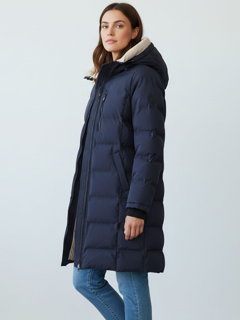 BLUE FLAME Steppmantel Damen Steppjacke Lang mit Kapuze und Chintzfutter