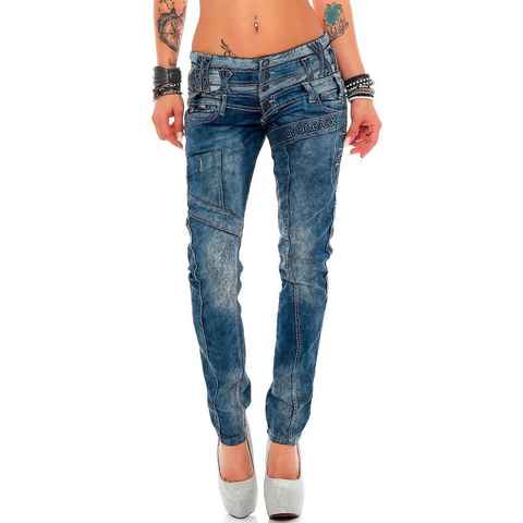 Cipo & Baxx Slim-fit-Jeans Low Waist Hose BA-WD245 mit Ziernähten und Markenlogo Stonewashed