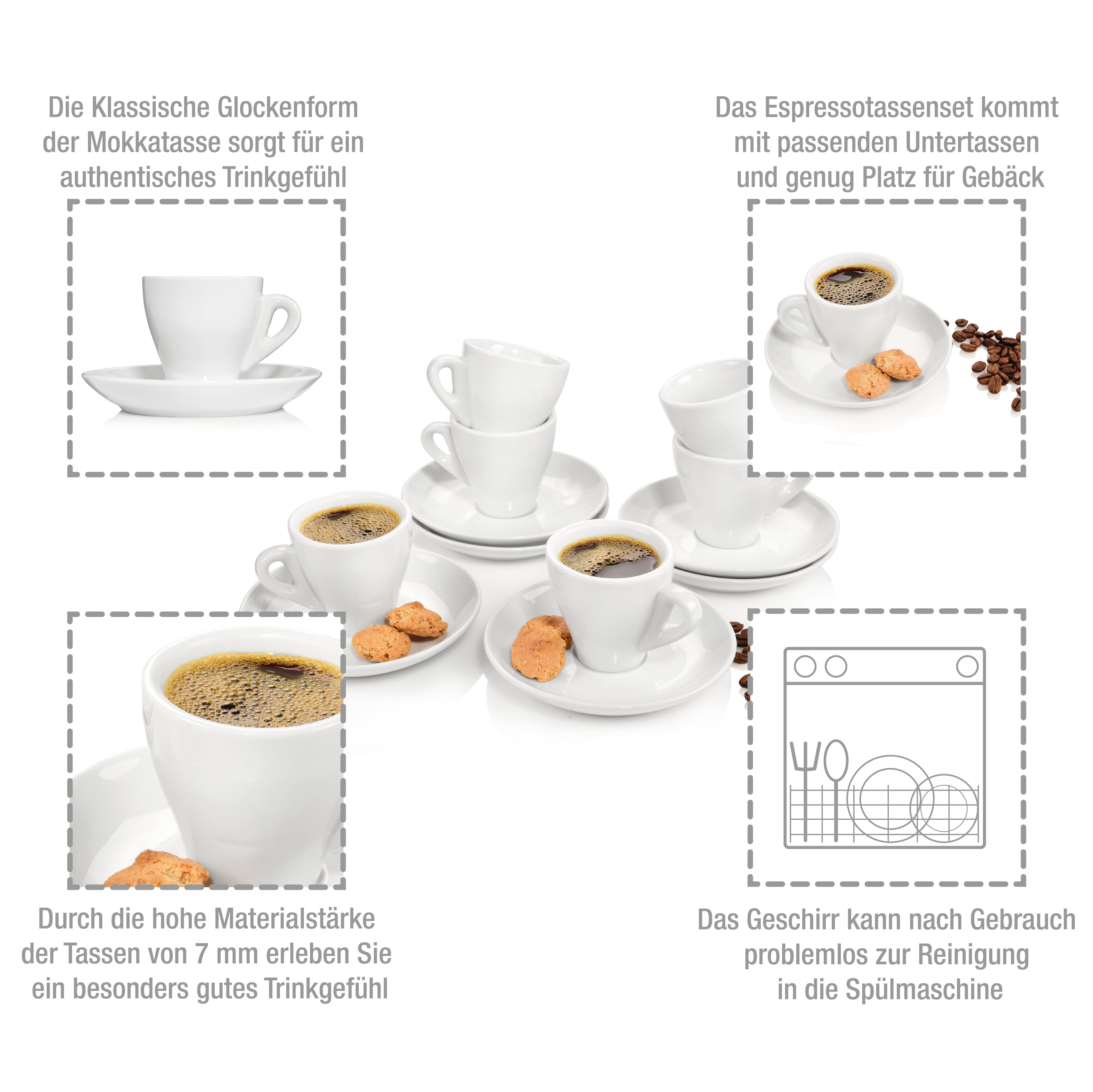 SÄNGER Kaffeeservice New Port Espressotassen Set, Weiß (12-tlg), 6 Personen, Porzellan, 80 ml, Premium Collection