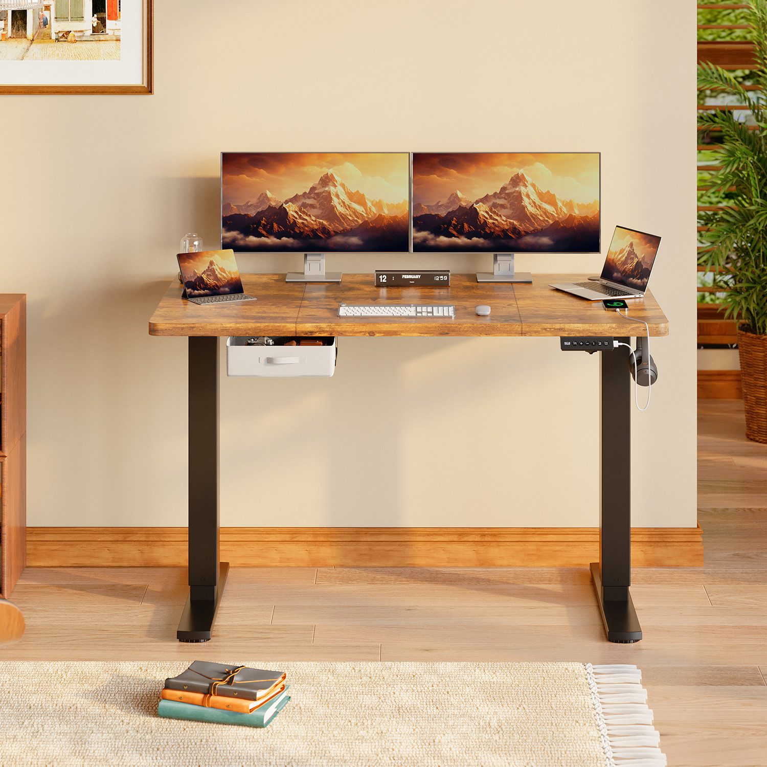 HOMALL Schreibtisch mit Memory-Funktion, höhenverstellbar, breitere Tischplatten (Tischbreite 140/160/180*80 cm, mit Schublade, ausgestattet mit USB-Ladeanschluss, bestehend aus vier Platten)
