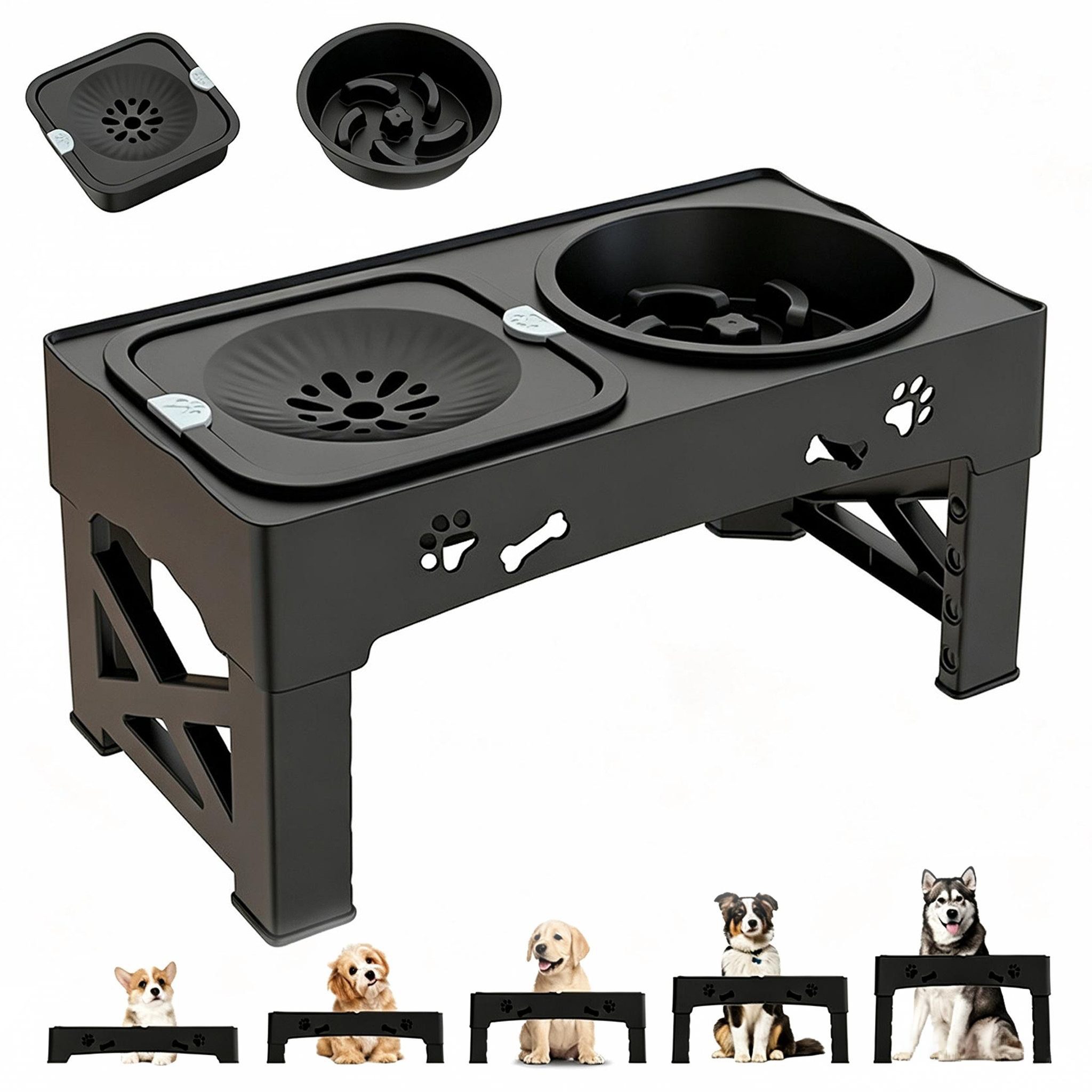 Kityhome Futterstation 3-in-1 Hochfütterer höhenverstellbar m. Slow-Feed-Napf, ABS, 5-fach höhenverstellbar (8–31 cm),Futternapf