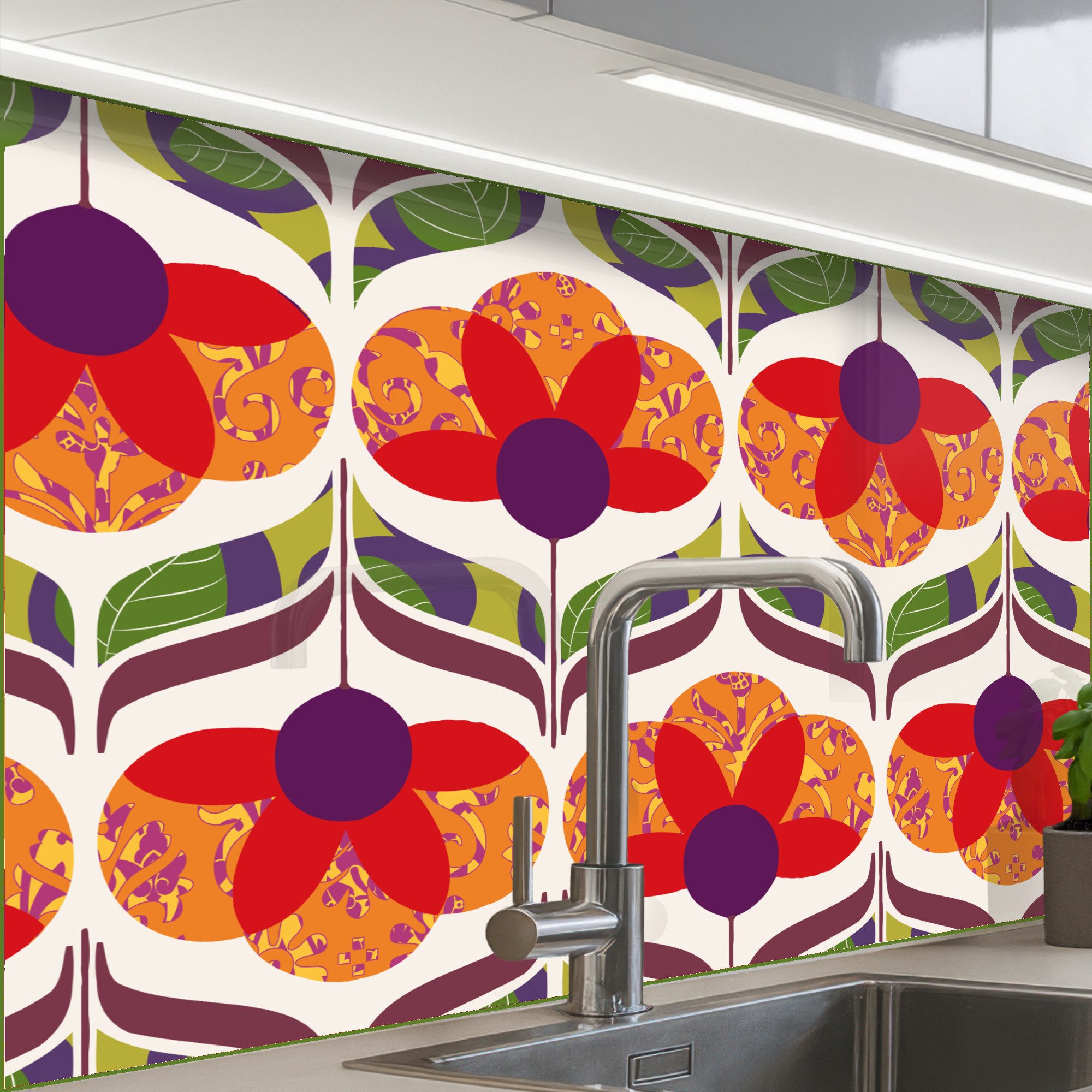 KitchenYeah Küchenrückwand Muster selbstklebend (keine Folie) Retro - Flower Power - Vintage - Fa, (1-tlg), Spritzschutz, Küche, Rückwand, Küchenwand, Küchenfront, 30x20 cm