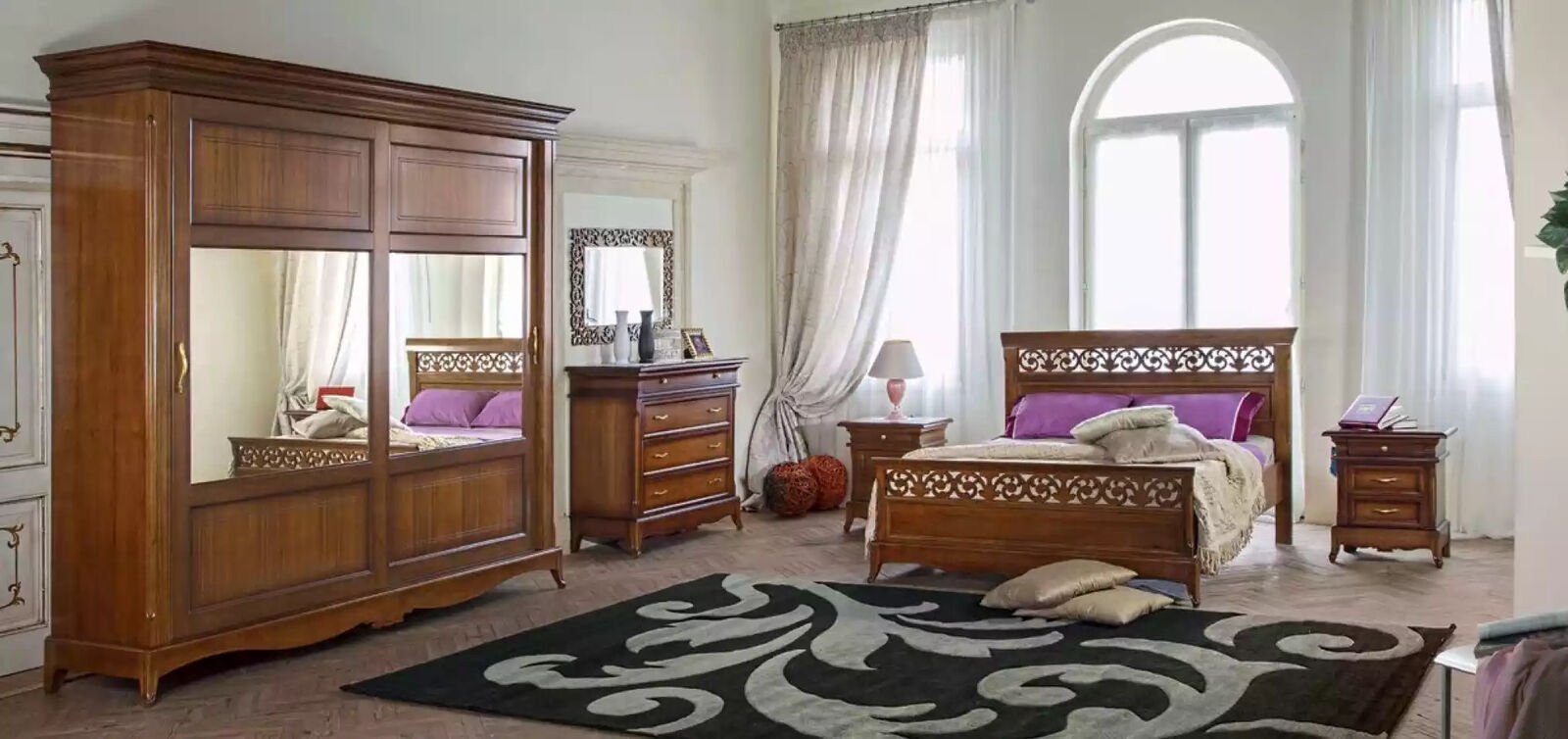 JVmoebel Schlafzimmer-Set Design Schlafzimmer Bett 2x Nachttische 6tlg Modern Luxus, (6-St., Nur Bett + 2x Nachttische + Kleiderschrank + Kommode + Spiegel), Made in Italy