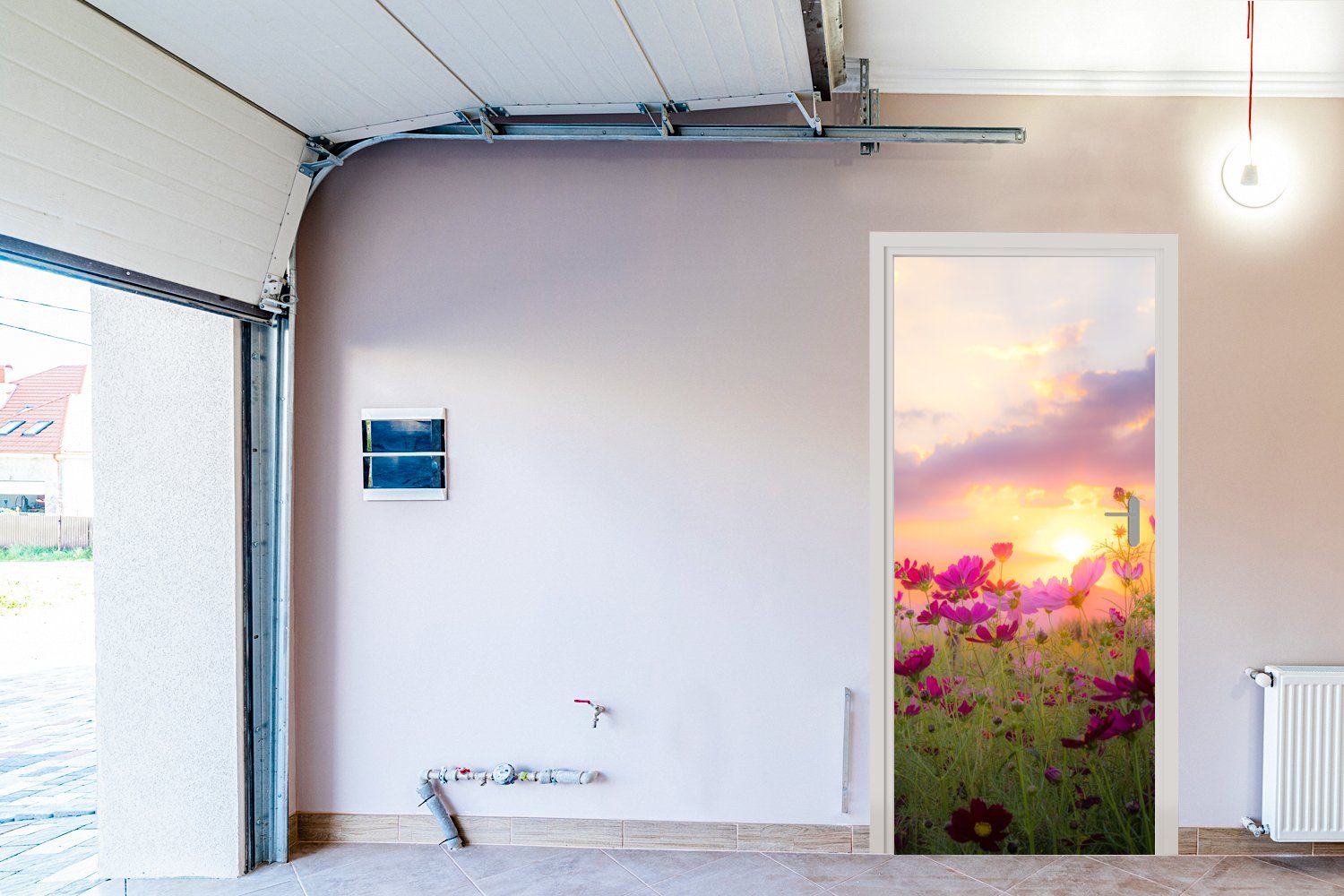 Tür, bedruckt, Rosa Wiese (1 cm - 75x205 - - - Fototapete St), Blumen Sonnenuntergang MuchoWow Türaufkleber, Horizont, Matt, - Türtapete für Natur