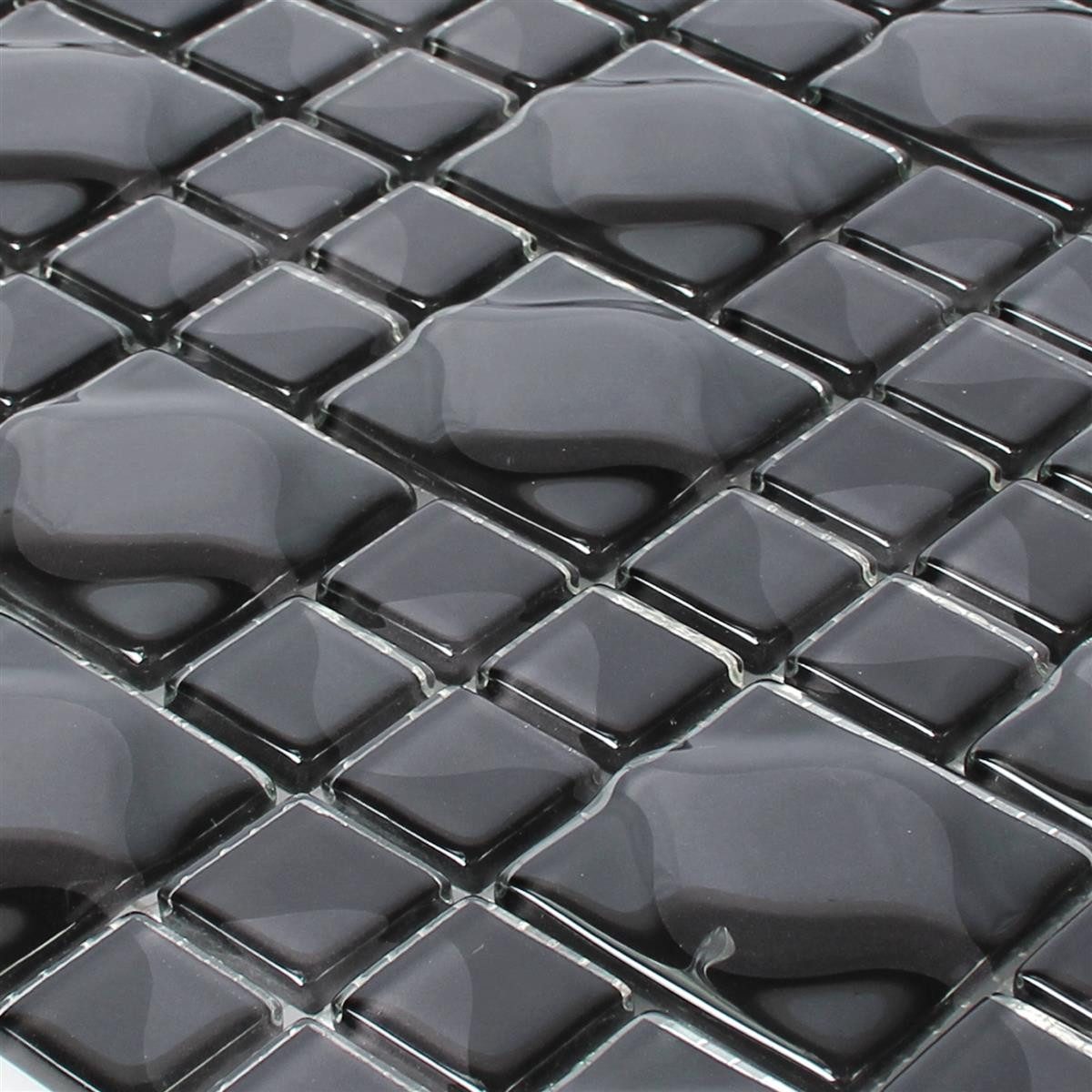 Mosafil Mosaikfliesen Glasmosaik Fliesen Nokta 3D, Glas 30.000x30.000, schwarz, Verlegefertig auf ein Netz geklebt - Frostsicher - Wasserfest