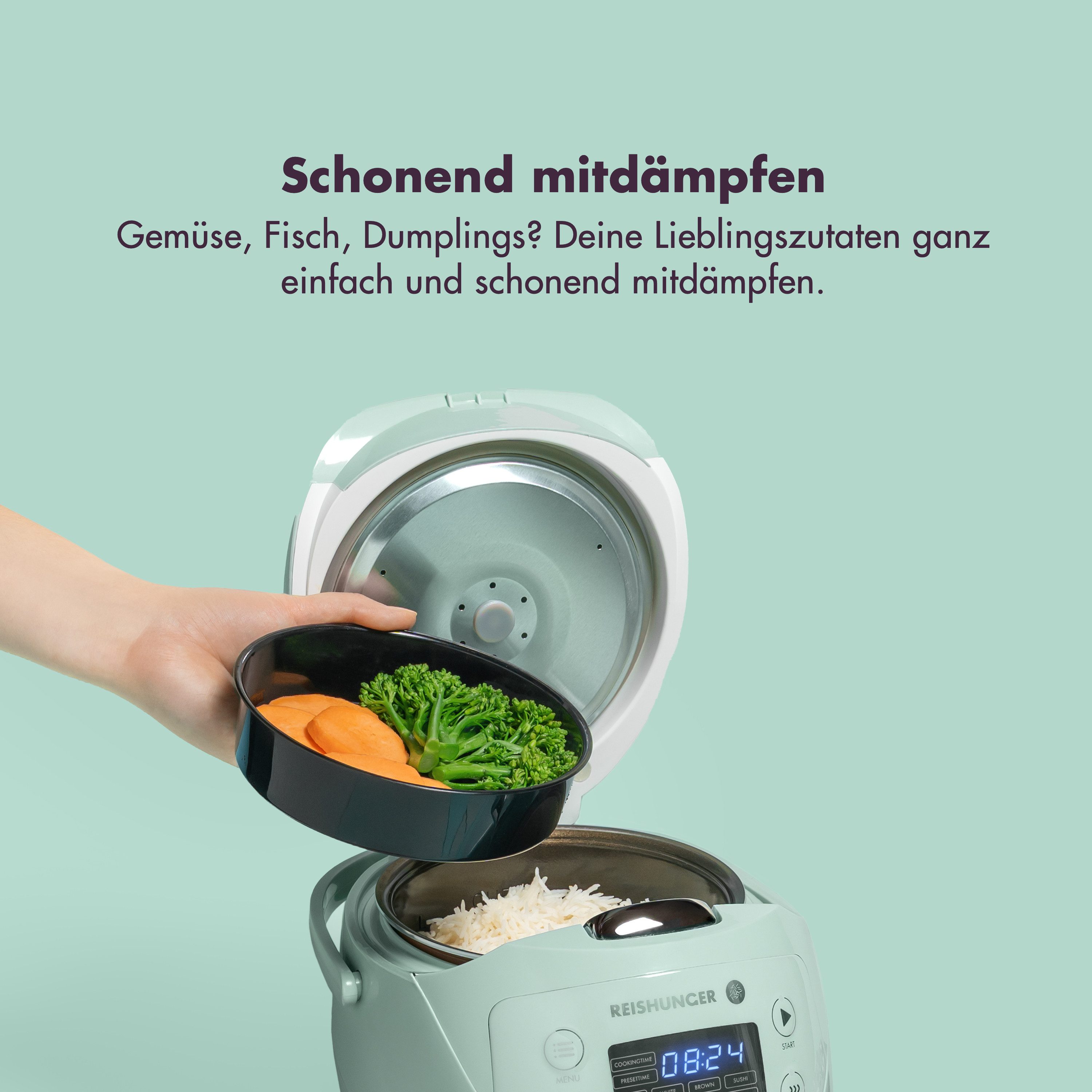 Reishunger Reiskocher kleines digitales Modell – 0,6 L – Multikocher – 8 Programme –, 350 W, Dämpfeinsatz, Messbecher, Reislöffel, Timer- und Warmhaltefunktion