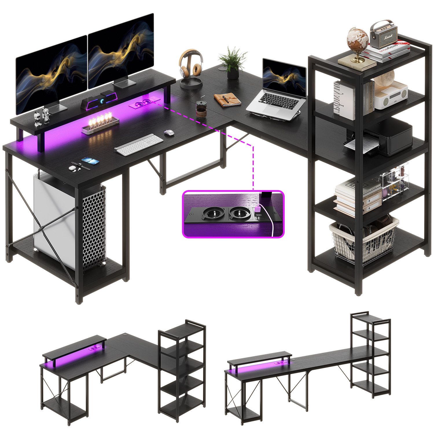 Eckschreibtisch L-förmiger Computertisch mit mehrstöckiger Ablage Spieltisch 150 cm