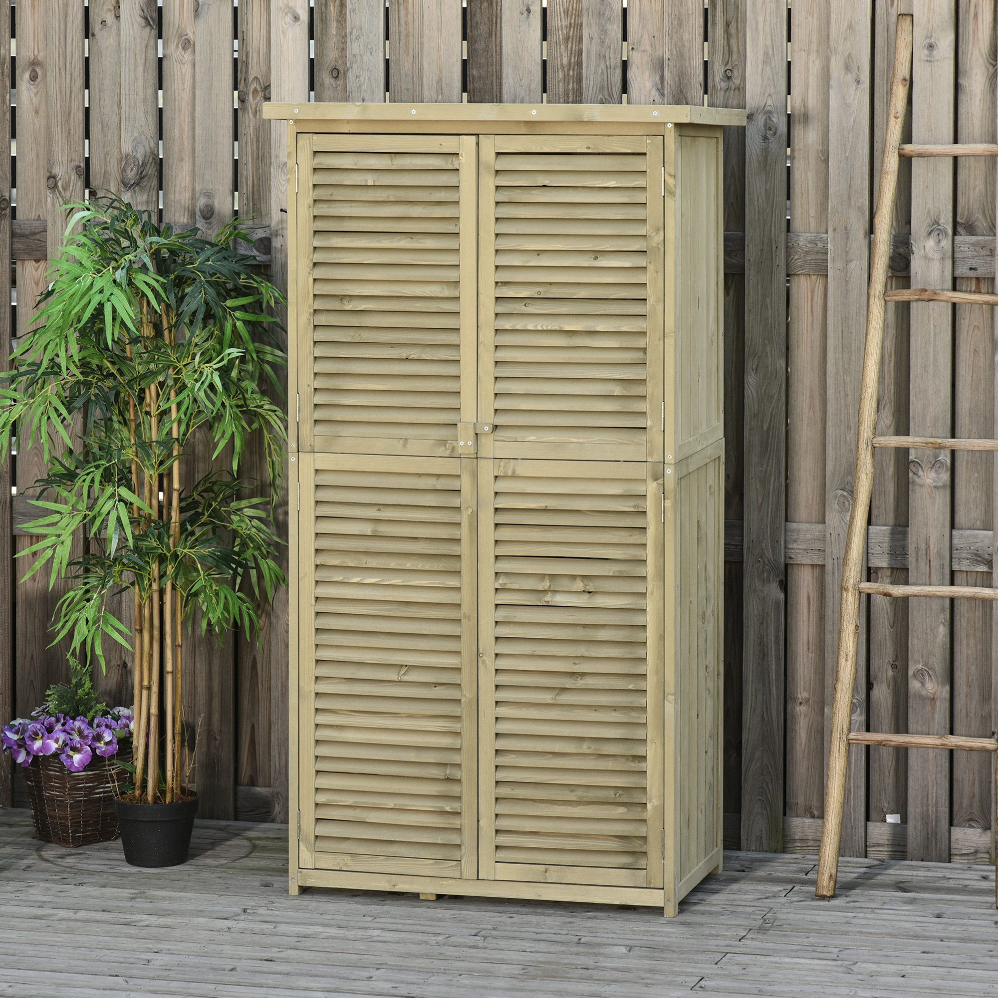 CHICFURN Gerätehaus Geräteschuppen Gerätehaus Gartenschrank, Holz, BxT: 87x46.5 cm, (Packung, 1 St., 87 x 46,5 x 160 cm), Asphaltdach, Lamellentür, 4 Fächer, Grau