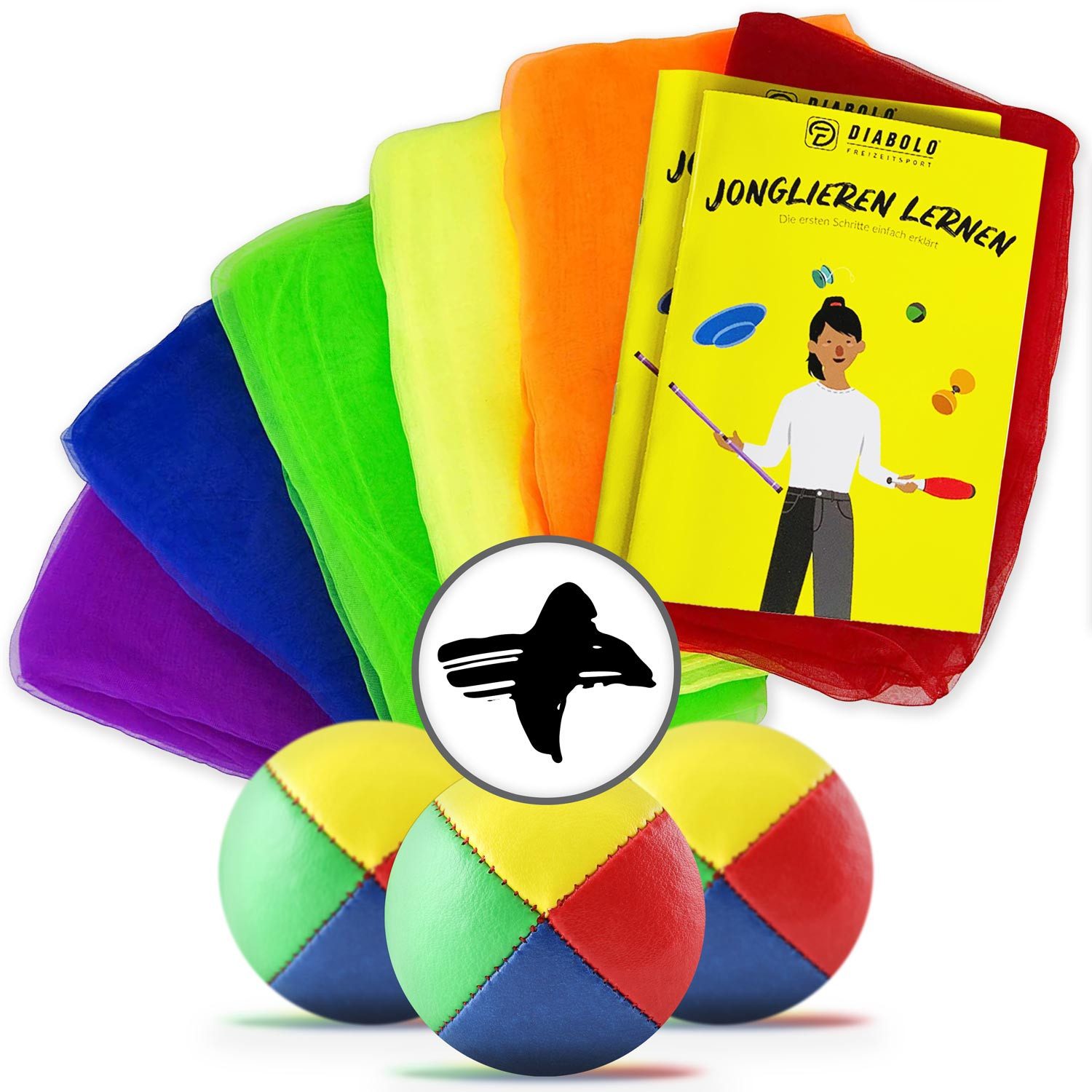 Diabolo Freizeitsport Jonglierball Set - Jonglierbälle & Jongliertücher - Jonglierset (Zirkus Lernspiel mit 3 Wurfbällen, 6 Tüchern und Anleitung, 9-St., Jonglage Starter Set mit Tüchern und Tricks ab 5 Jahren), Diabolo Juggling Bundle mit Anleitung für A