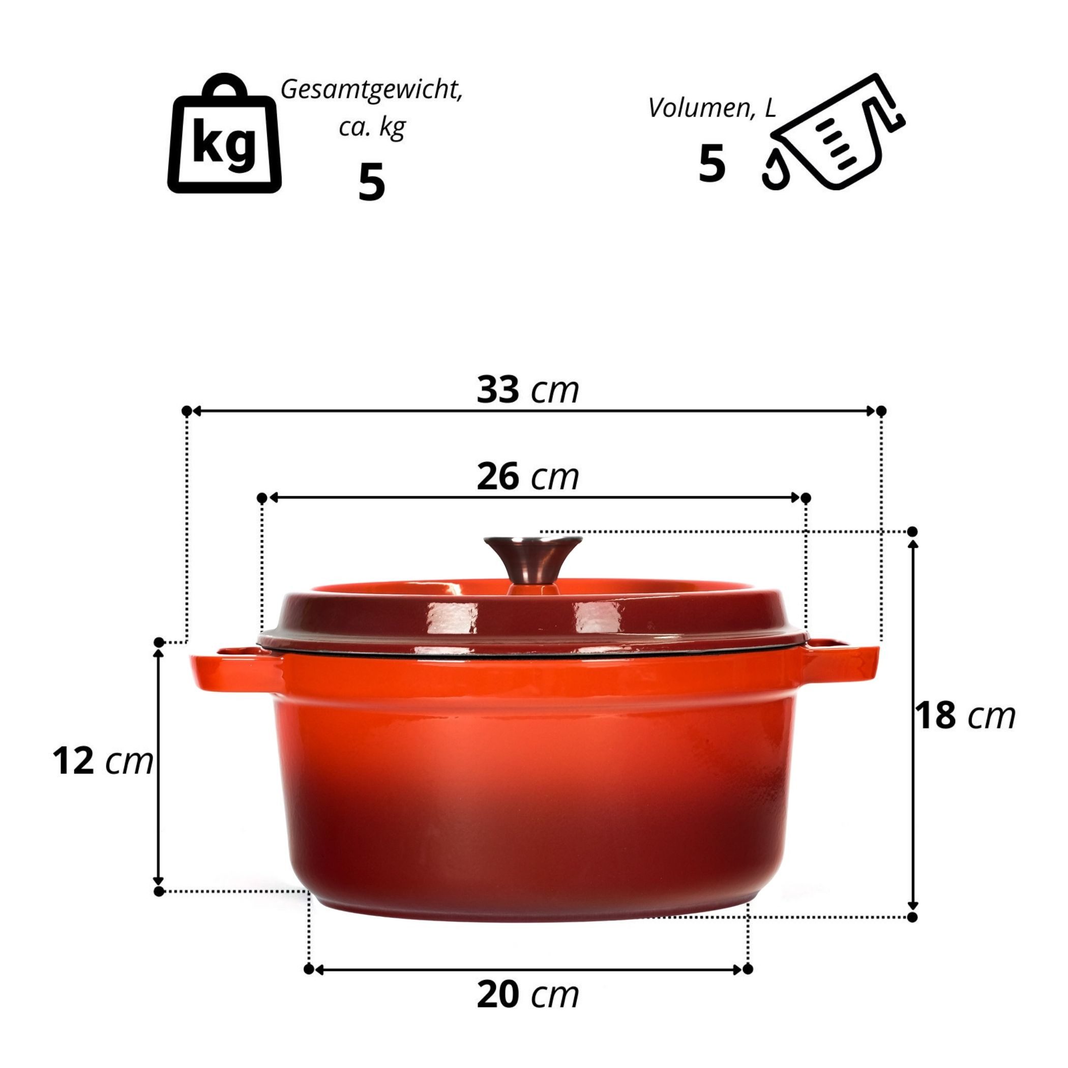 BIG-PAN Kochtopf Emaillierter Gusseisen Topf mit Deckel Ø26 cm 5L Bräter Dutch Oven, Gusseisen (Induktionsgeeignet Backofenfest, Kasserolle Brotbacktopf Cocotte)