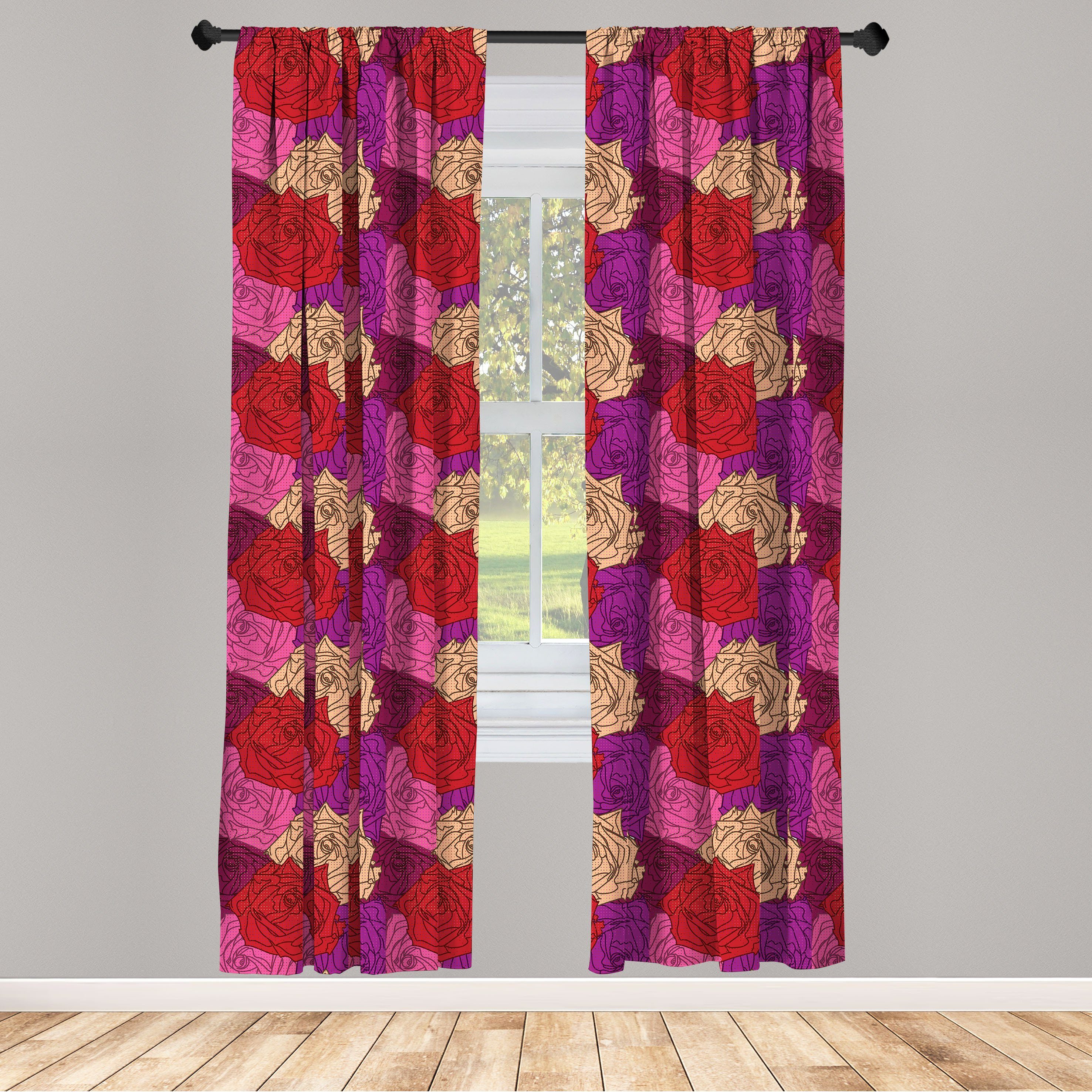 Gardine Vorhang für Wohnzimmer Bunte Abakuhaus, Dekor, Gepunktete Schlafzimmer Microfaser, Blumenbild Rosen