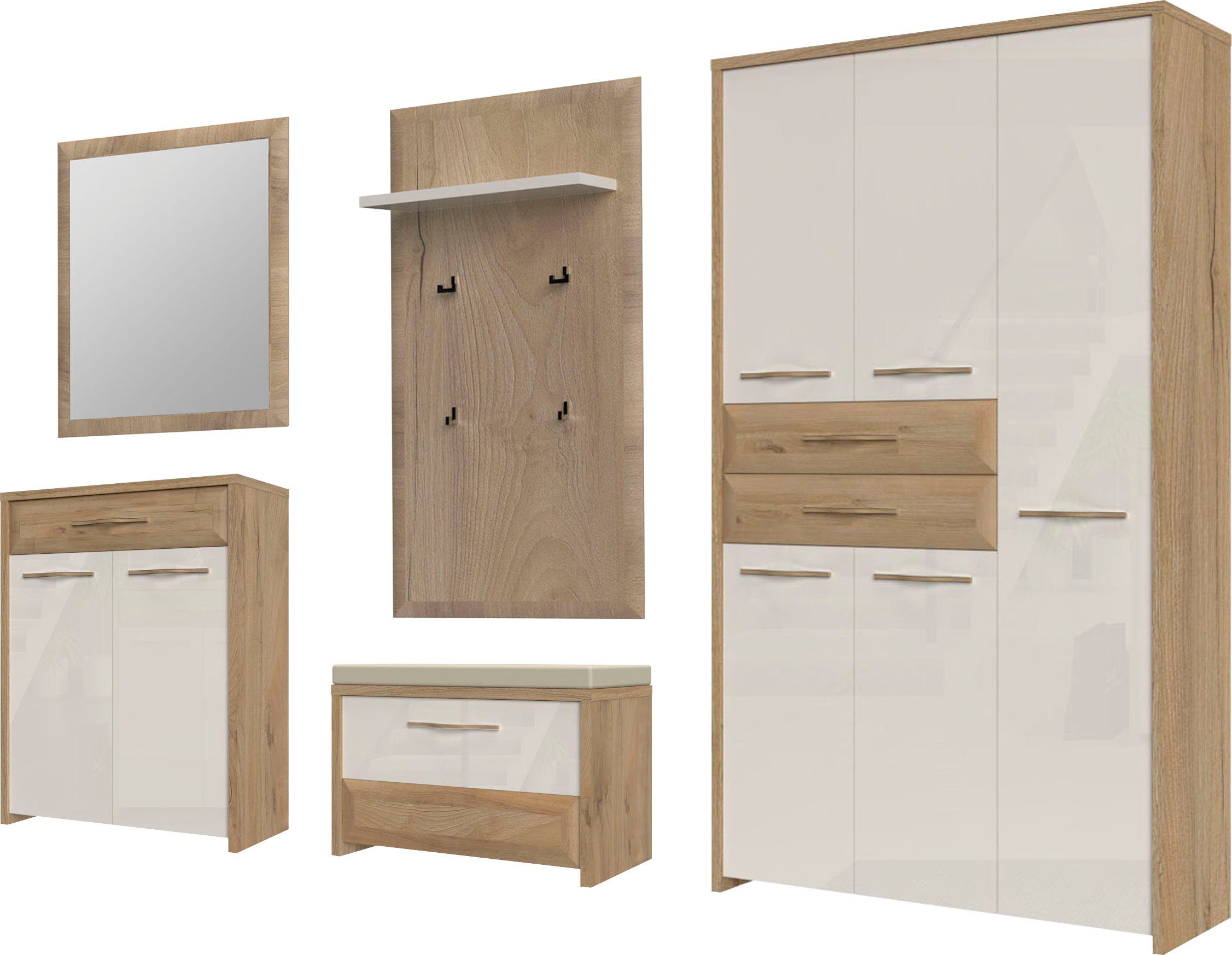 Home affaire Garderoben-Set Gala, (Set, 5-St., Garderobenschrank,Schuhschrank,Schuhbank,Garderobenpaneel,Wandspiegel), Soft-Close Funktion, Hochglanz UV lackiert