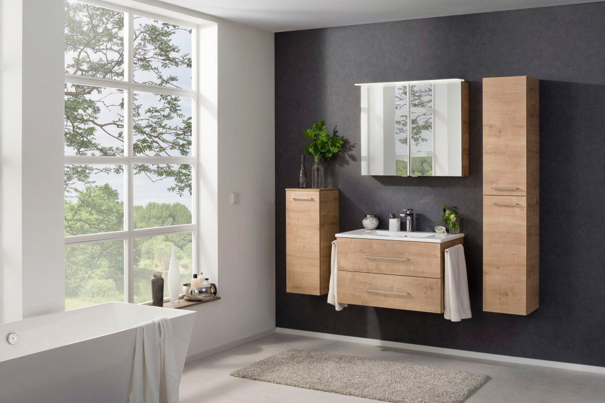 FACKELMANN Spiegelschrank PE 80 - Ast-Eiche Badmöbel Breite 80 cm, 2 Türen, doppelseitig verspiegelt