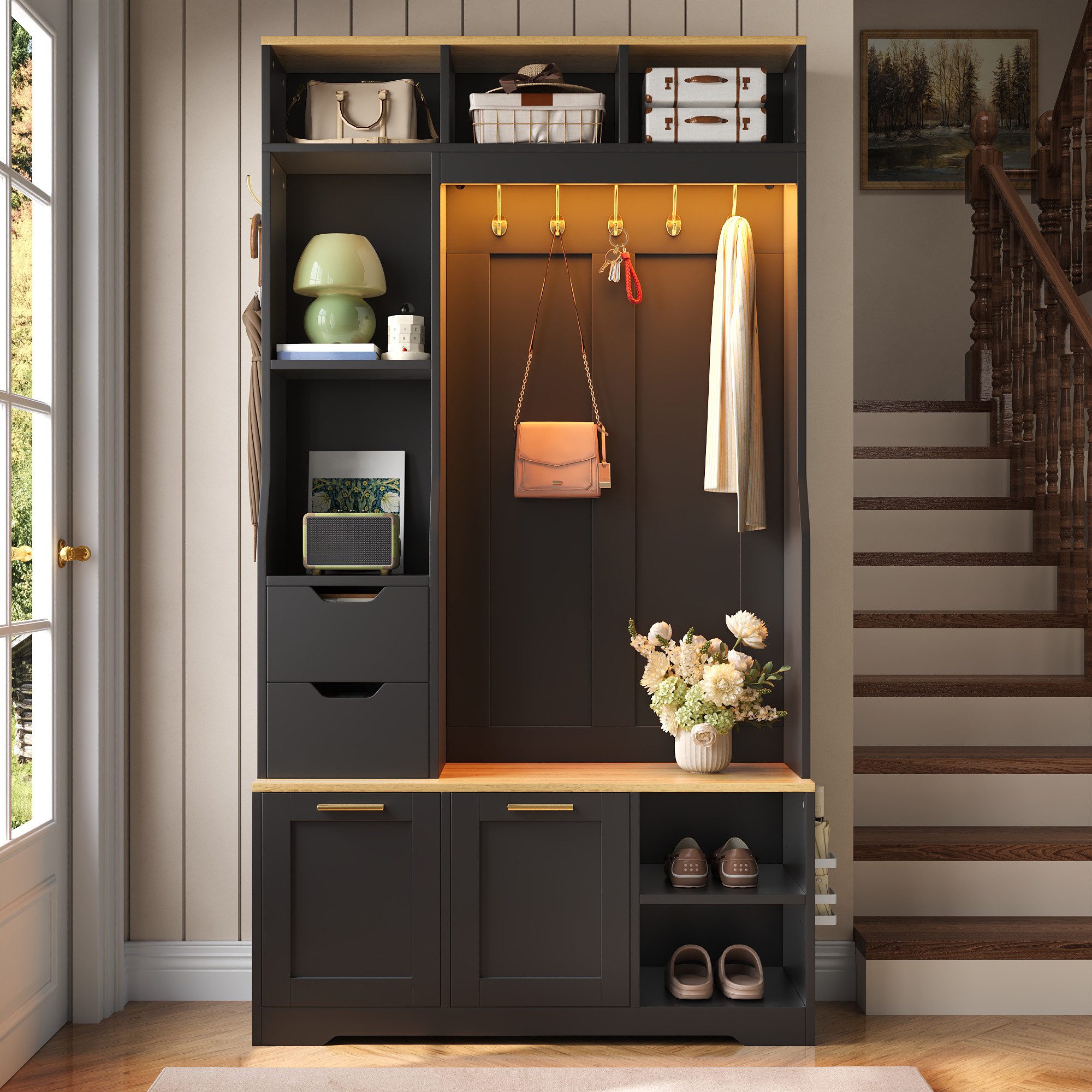 Merax Garderoben-Set mit LED-Beleuchtung, Sitzbank, Schuhschrank & Regenschirmhalter, (Eingangsbereich Flurgarderobe Flurmöbel-Set, 1-St., 100 x 32 x 186 cm), m – Bild 3 von 5