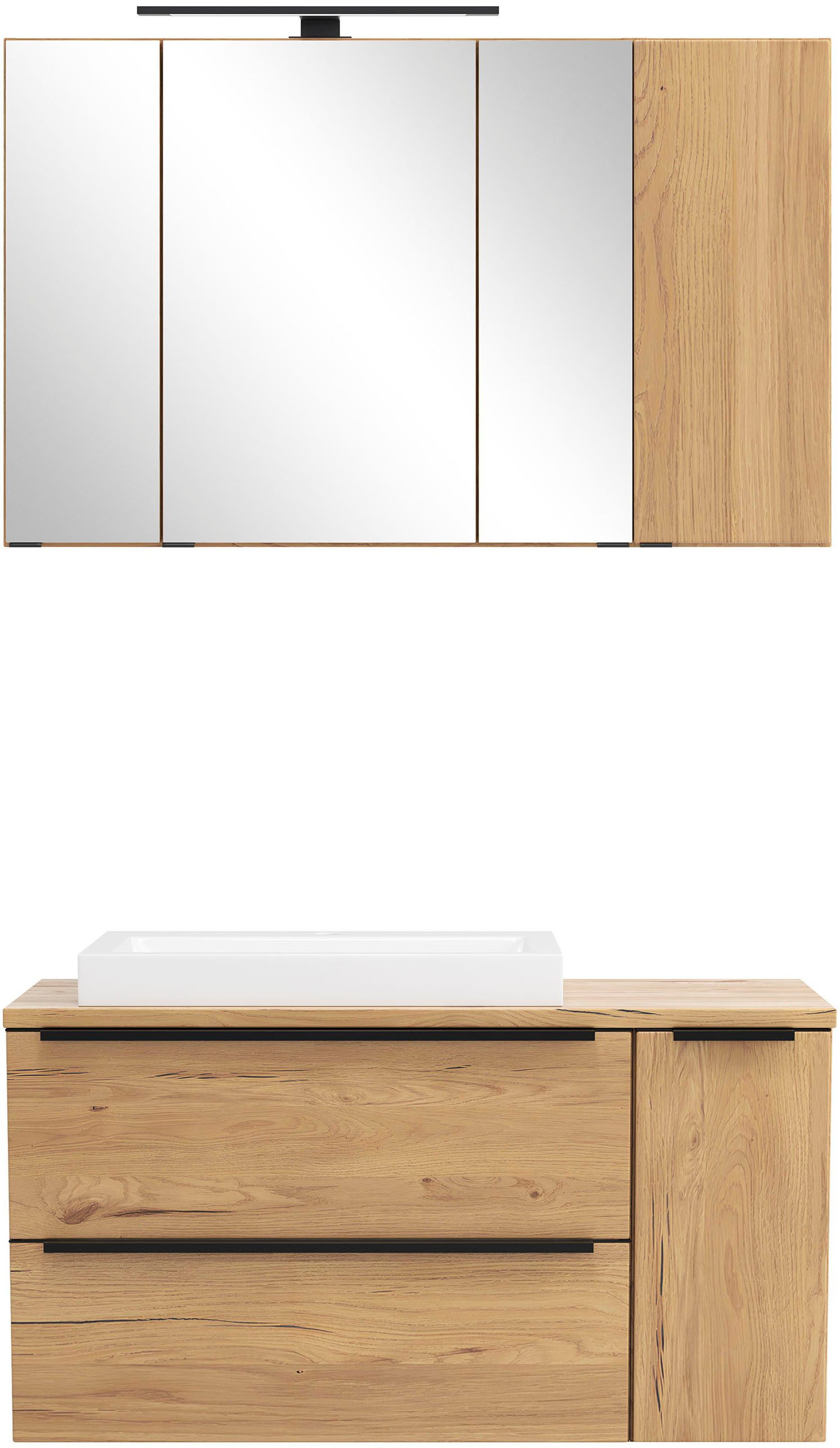 welltime Badmöbel-Set MAILAND, 2 Metall-Vollauszüge mit Softclose, (Maße (B/H/T): ca. 105/200/47 cm), Wildeiche, LED-Aufbauleuchte, hochwertiges Keramikbecken