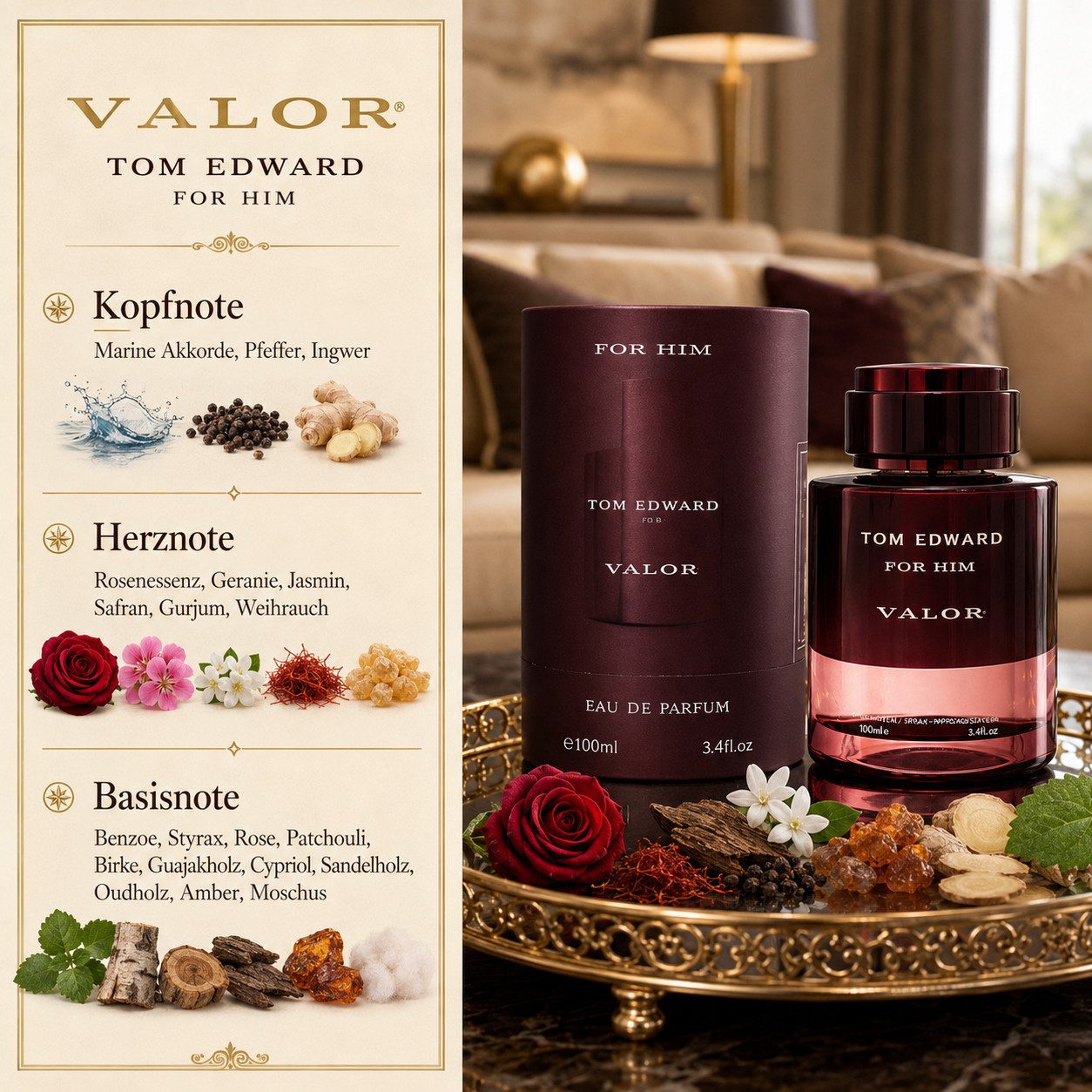 TOM EDWARD Eau de Parfum Tom Edward Valor for Him Herrenduft Würzig Holzig Orientalisch e100 ml, Hergestellt in UK, Luxus Herrenduft, Langanhaltend, Schone Verpackung