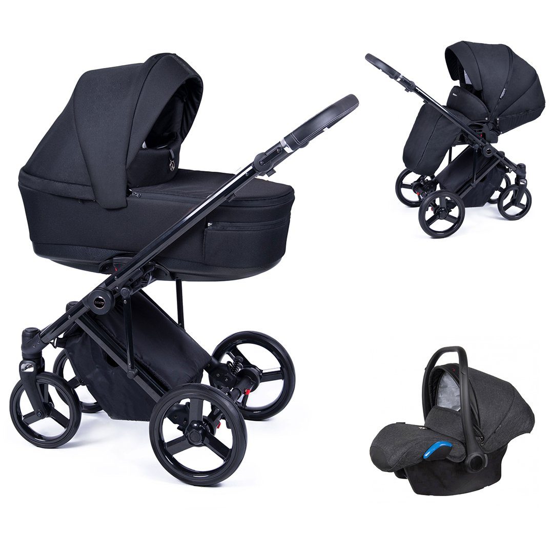 babies-on-wheels Kombi-Kinderwagen 3 in 1 Kinderwagen-Set Fado - 15 Teile - in 24 Designs Schwarz = Gestell schwarz