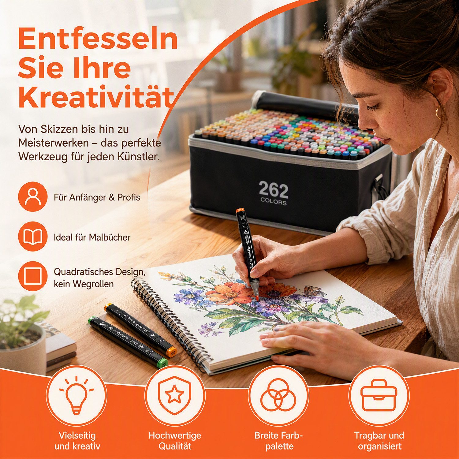 AKKEE Filzstift 204/262 Farben Filzstifte, Doppelte Spitze Permanent Marker Stifte Set, (262-tlg), mit Schwarzer Tragetasche und Abstandshalter für Malerei, Des – Bild 5 von 5
