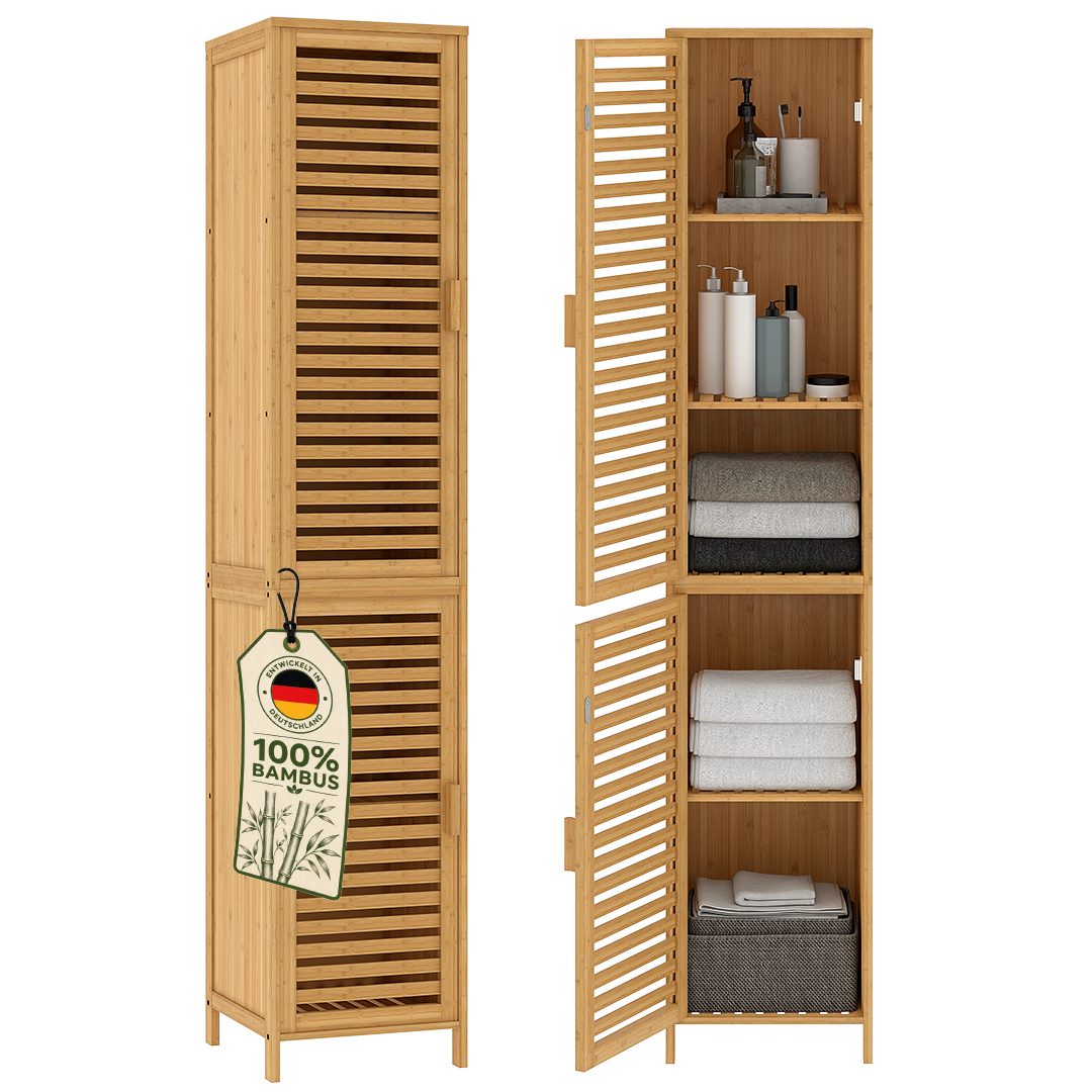 Bellamio Hochschrank Newa aus Bambus, Badezimmerschrank mit Ablage, lackiert (5 Fächer) Badezimmerschrank 165×33×33cm, verfügbar in verschiedenen Ausführungen
