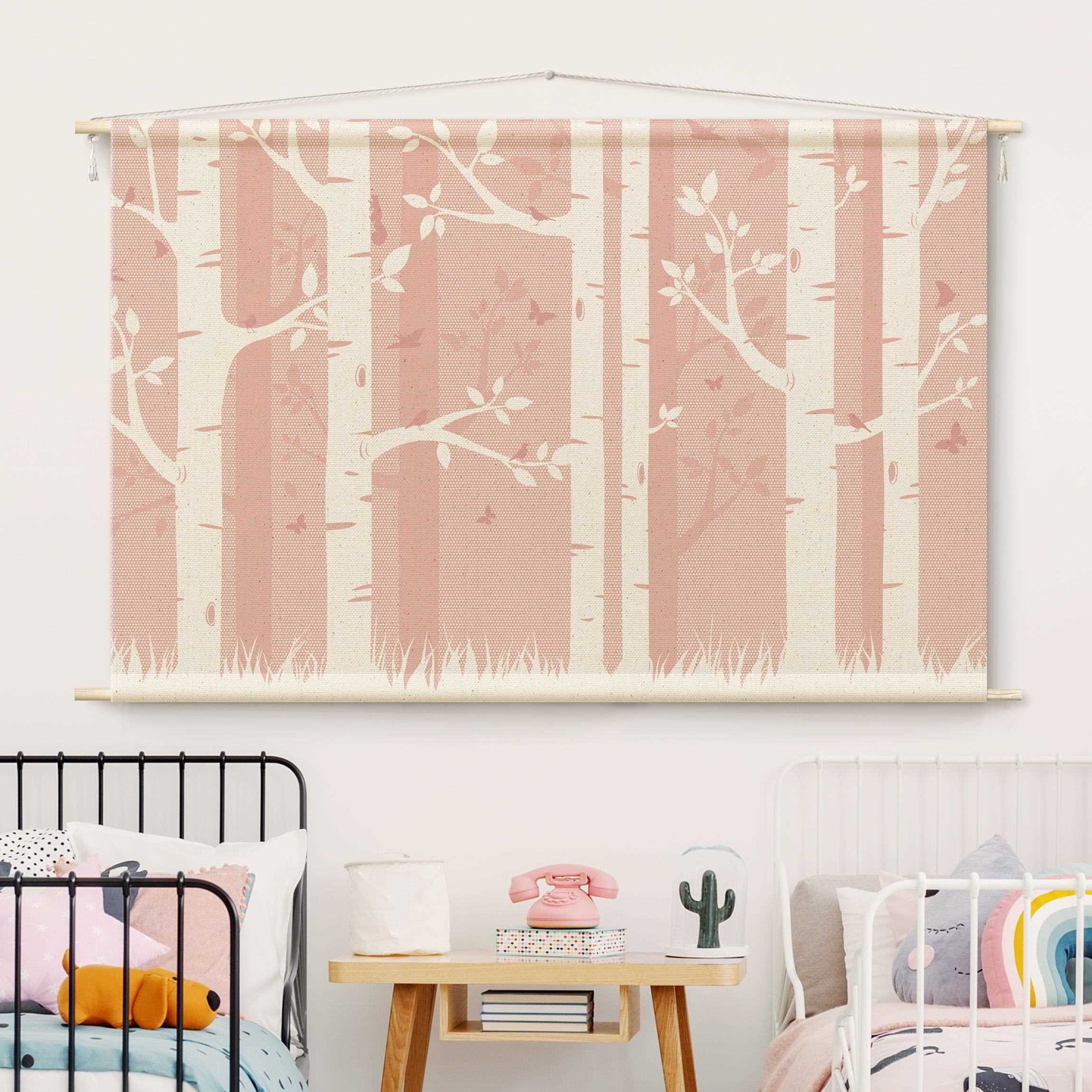 Bilderdepot24 Wandteppich modern Mädchenzimmer Wald Wald rosa, rechteckig, Höhe: 2.6 mm, großes Wandbild aus Natur-Baumwolle Wandbehang Stoffbild Tuch Wollseil