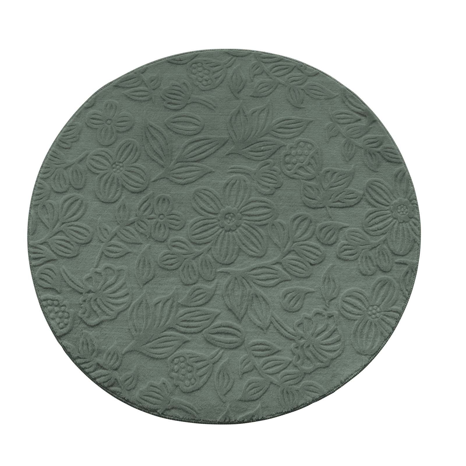 TaCa Home Teppich Kurzflor Teppich Hasenfell Optik, rund, Höhe: 10 mm, Wohnzimmer, Kinderzimmer, Esszimmer, Flora Grün - 80 x 80 cm rund